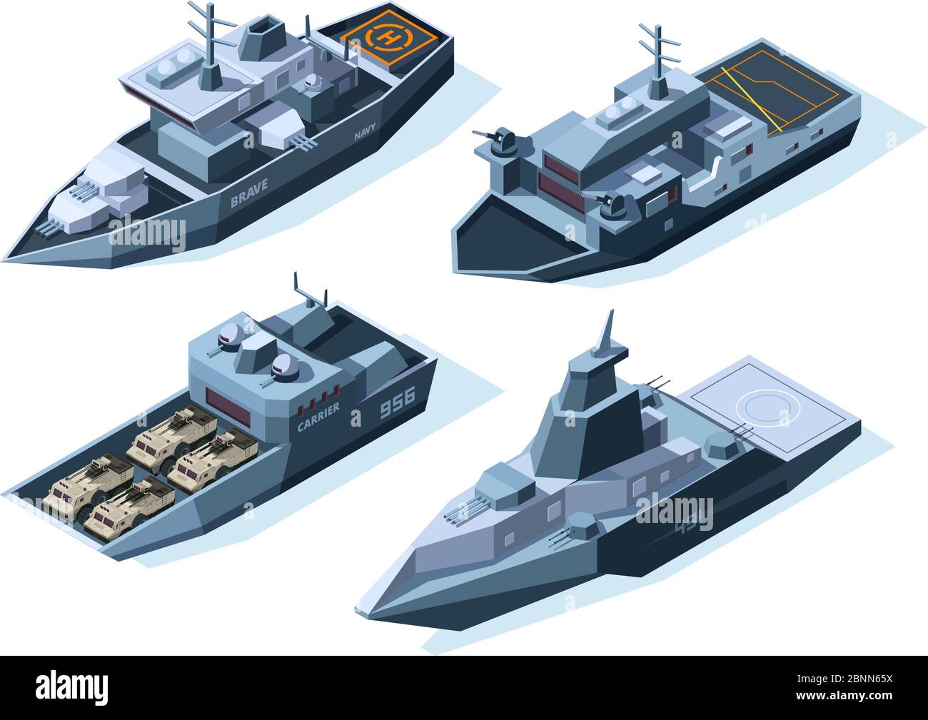 Navires de guerre isométriques. Bateaux militaires vectoriels isolés sur blanc Illustration de Vecteur