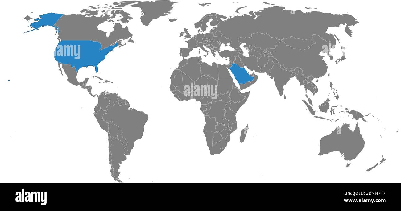 Carte des États-Unis, arabie Saoudite mise en évidence en bleu sur fond gris de la carte du monde. Idéal pour les arrière-plans, les décors, les concepts d'affaires et les fonds d'écran. Illustration de Vecteur