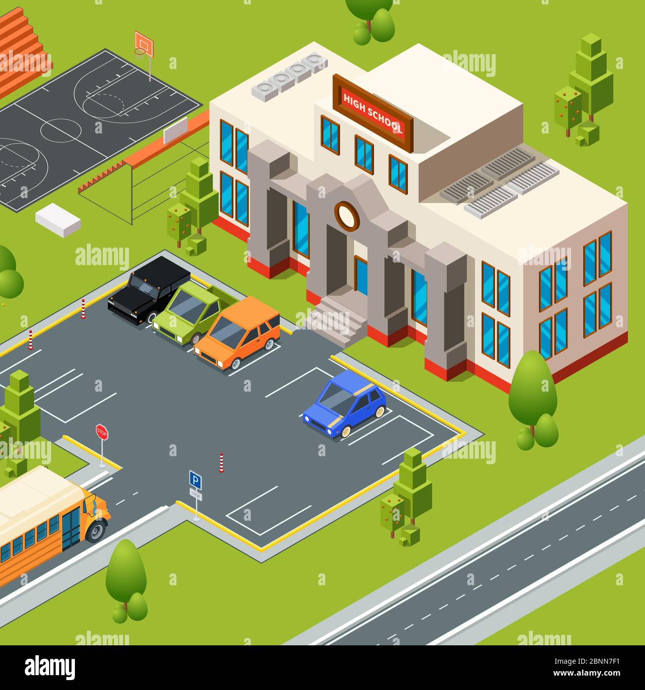 Extérieur de l'école. Territoire de l'institut ou lycée avec stade Illustration de Vecteur