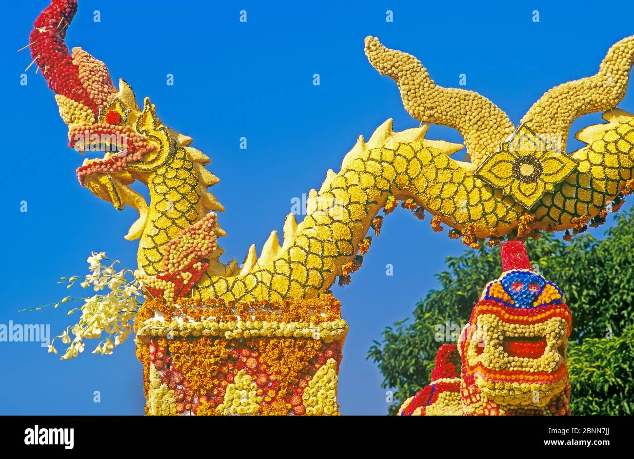 'Nagas' (serpents sacrés) fait de fleurs, détail de la flotteurs floraux, Festival des fleurs, Chiang Mai, Thaïlande, Asie Banque D'Images