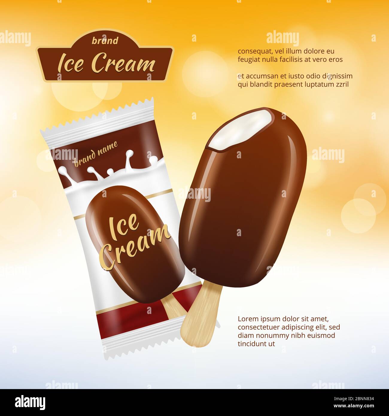 Affiche crème glacée au chocolat. Des images réalistes de publicité au chocolat avec emballage alimentaire Illustration de Vecteur