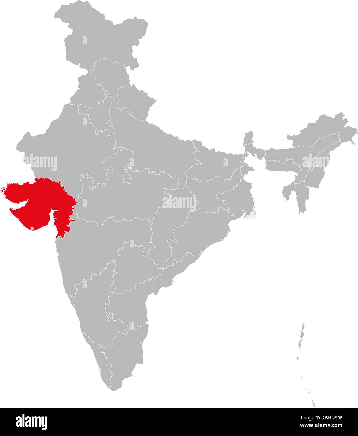 Carte du Gujarat marquée en rouge sur l'Inde illustration vectorielle de la carte politique. Fond gris Illustration de Vecteur
