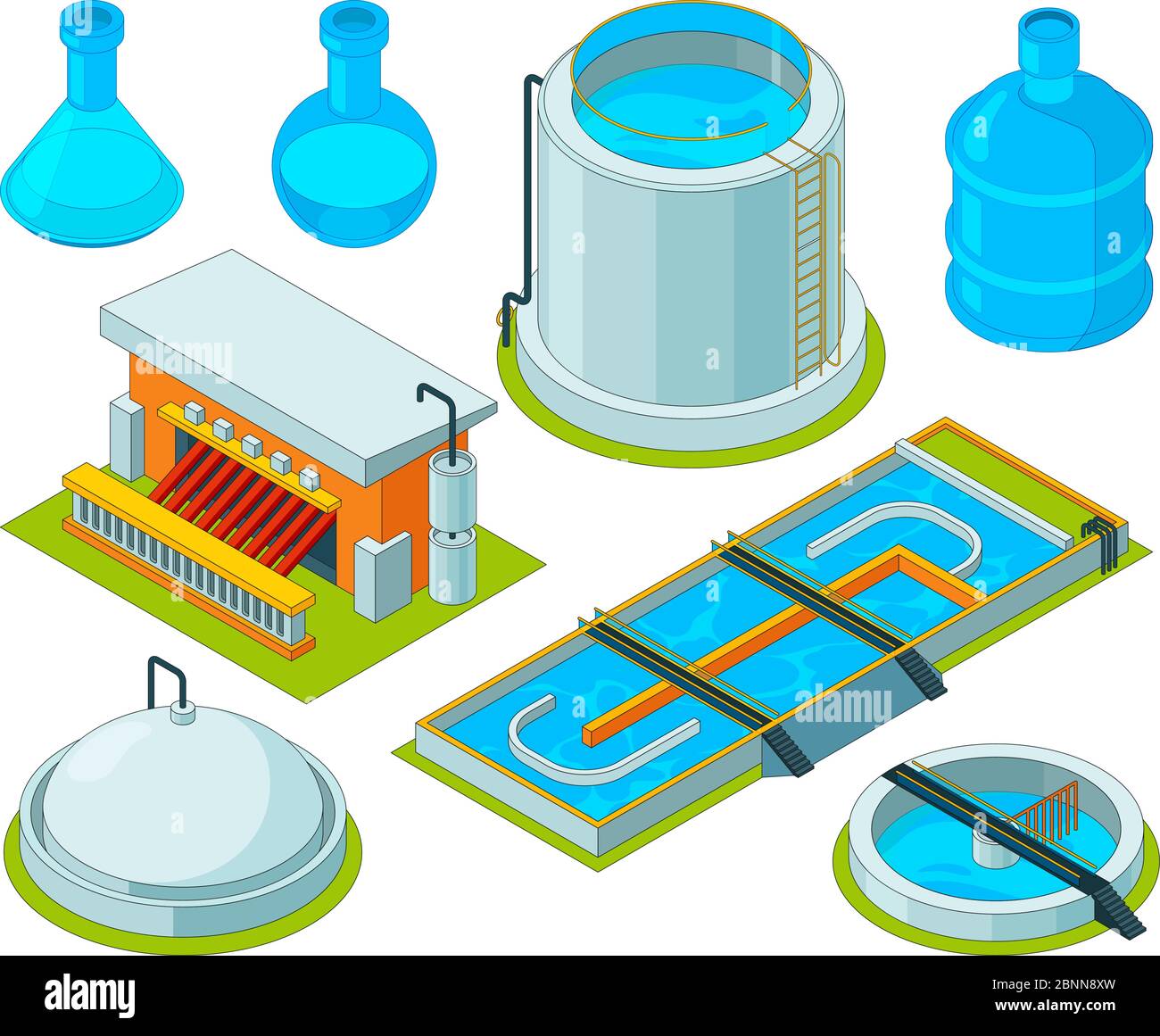 Nettoyage à l'eau. Arrosage traitement séparation des déchets transport chimique industriel purification de l'eau image isométrique vectorielle Illustration de Vecteur