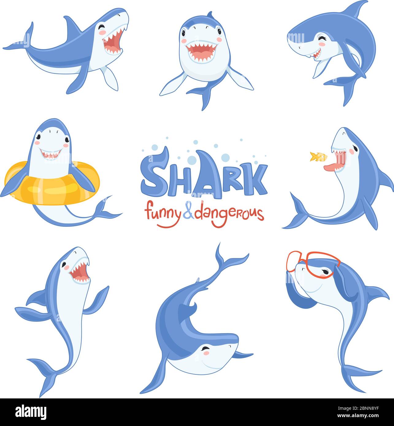 Requin mignon animal. Attaque de poissons jouant le requin marin affamé et heureux avec de grandes dents effrayantes personnages vectoriels bleus Illustration de Vecteur