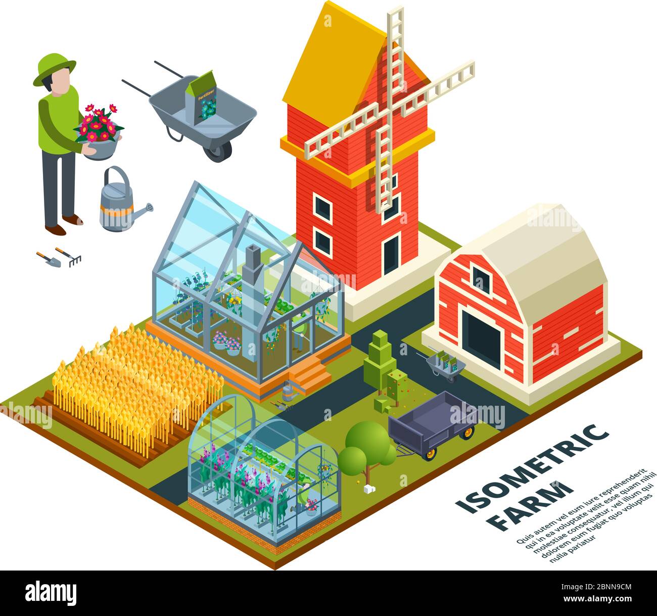 Serre agricole. Agriculture campagne plantaion verre maison fruits légumes arbres plantes vecteur extérieur images isométriques Illustration de Vecteur