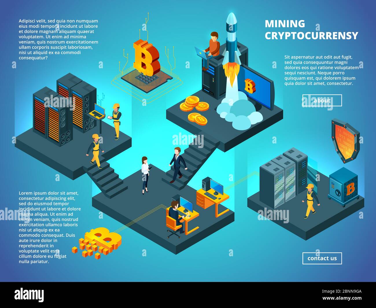 Concept de devise Crypto. ICO blockchain startup Office Analytics managers anonyme Computer transaction Vector Isométrique composition Illustration de Vecteur