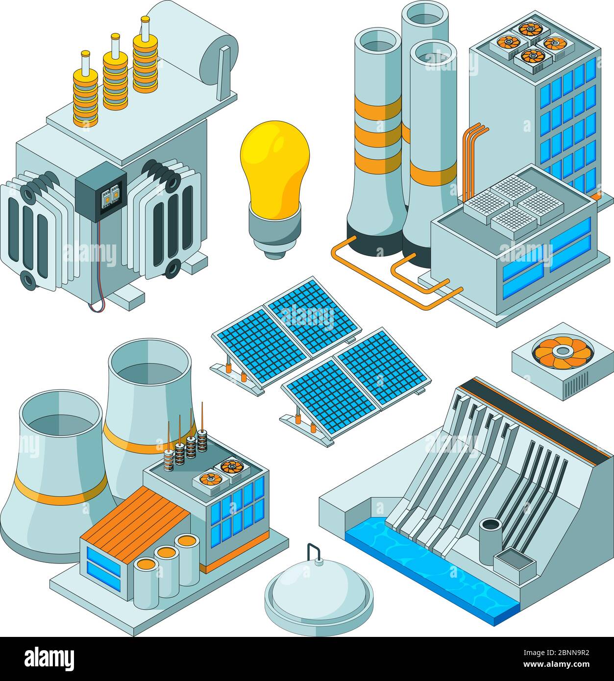 Équipement électrique. Générateurs d'éclairage électrique Watt vecteur images isométriques isolées Illustration de Vecteur