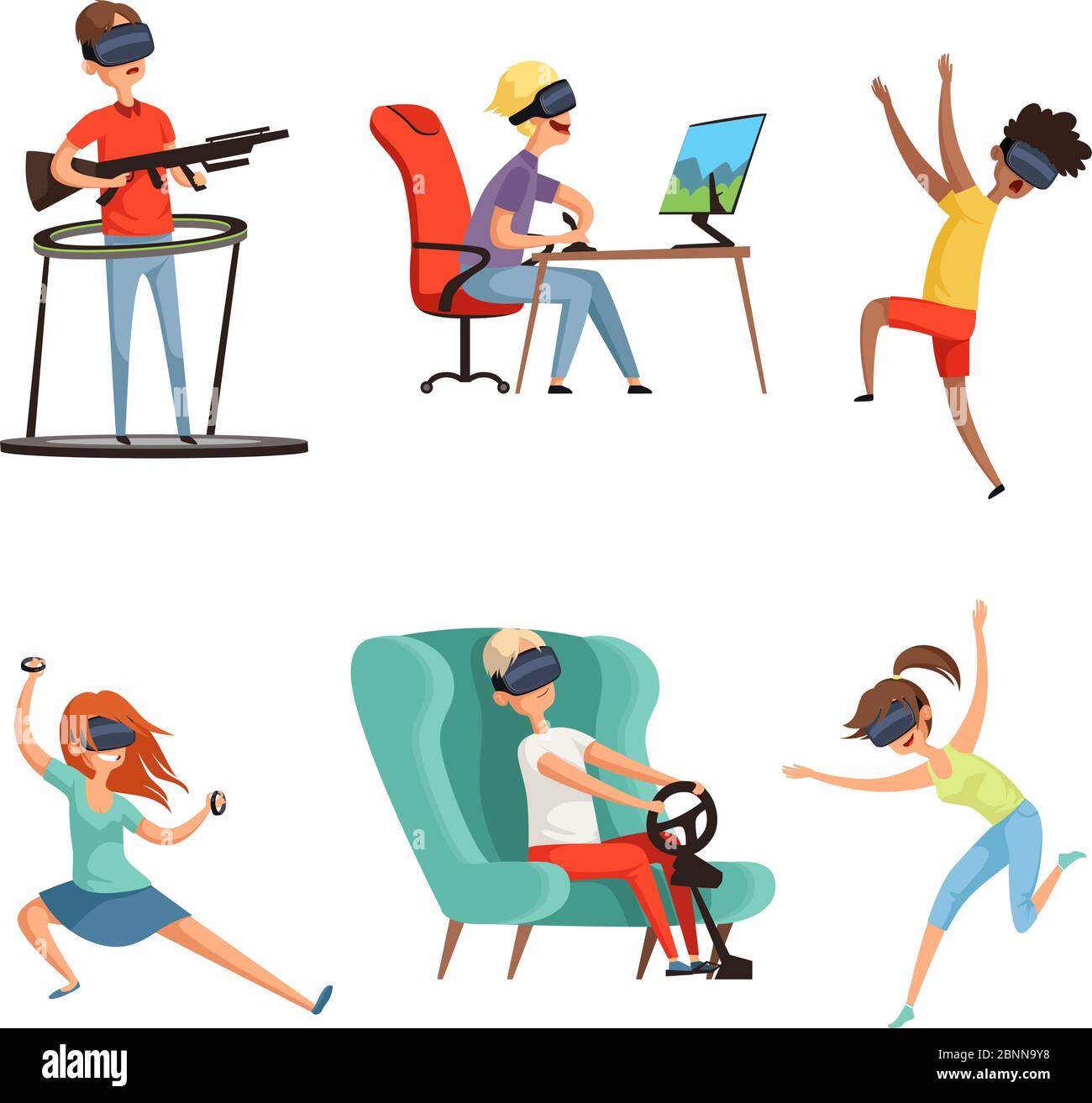 Personnages de réalité virtuelle. Casque VR drôle de gens jouant Virtual casque lunettes vidéo gamers. Motif mascotte vectoriel de style dessin animé Illustration de Vecteur