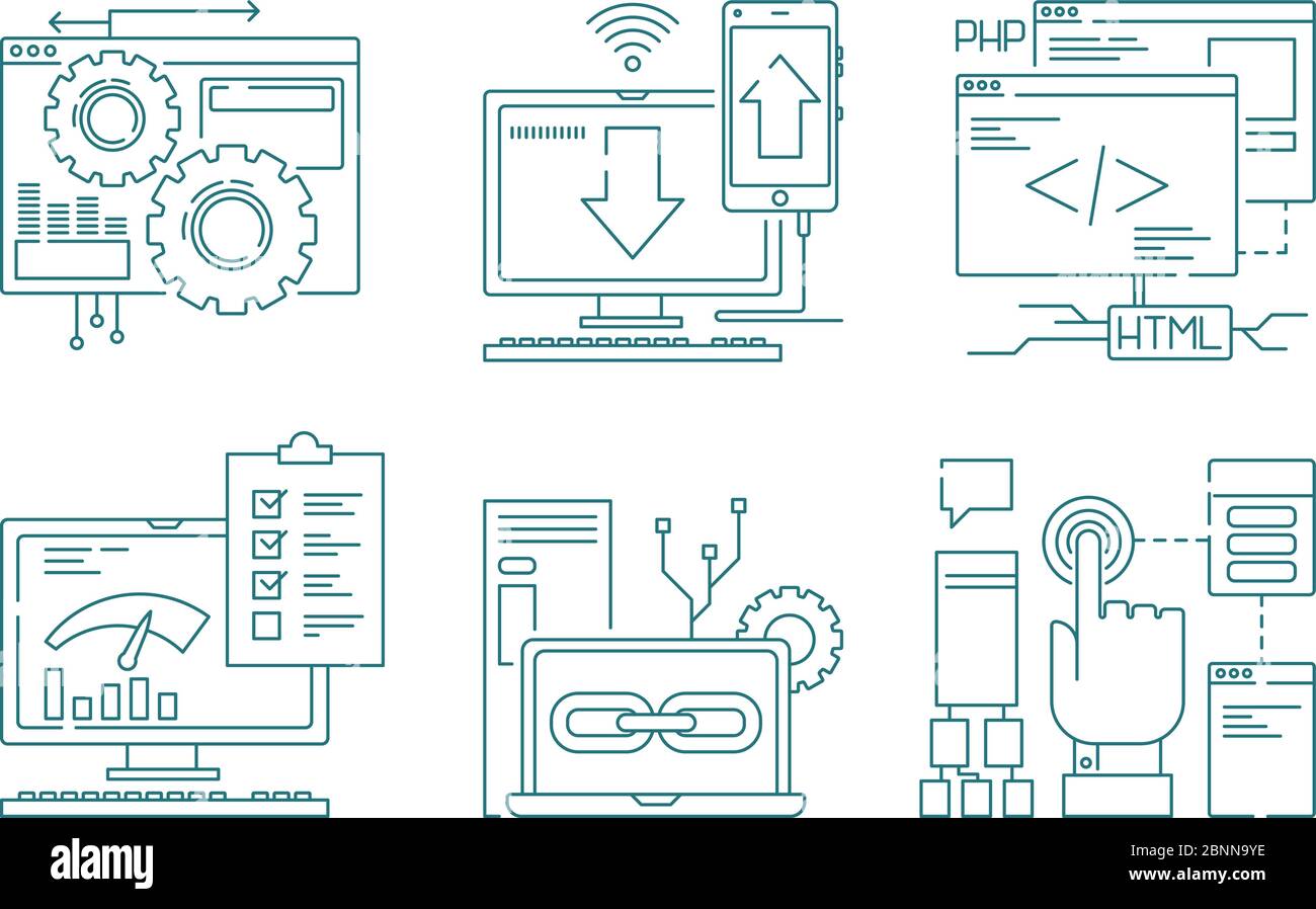 Icônes de ligne de développement Web. SEO mobile layout web design processus créatif code site Web et application pour smartphones images vectorielles Illustration de Vecteur