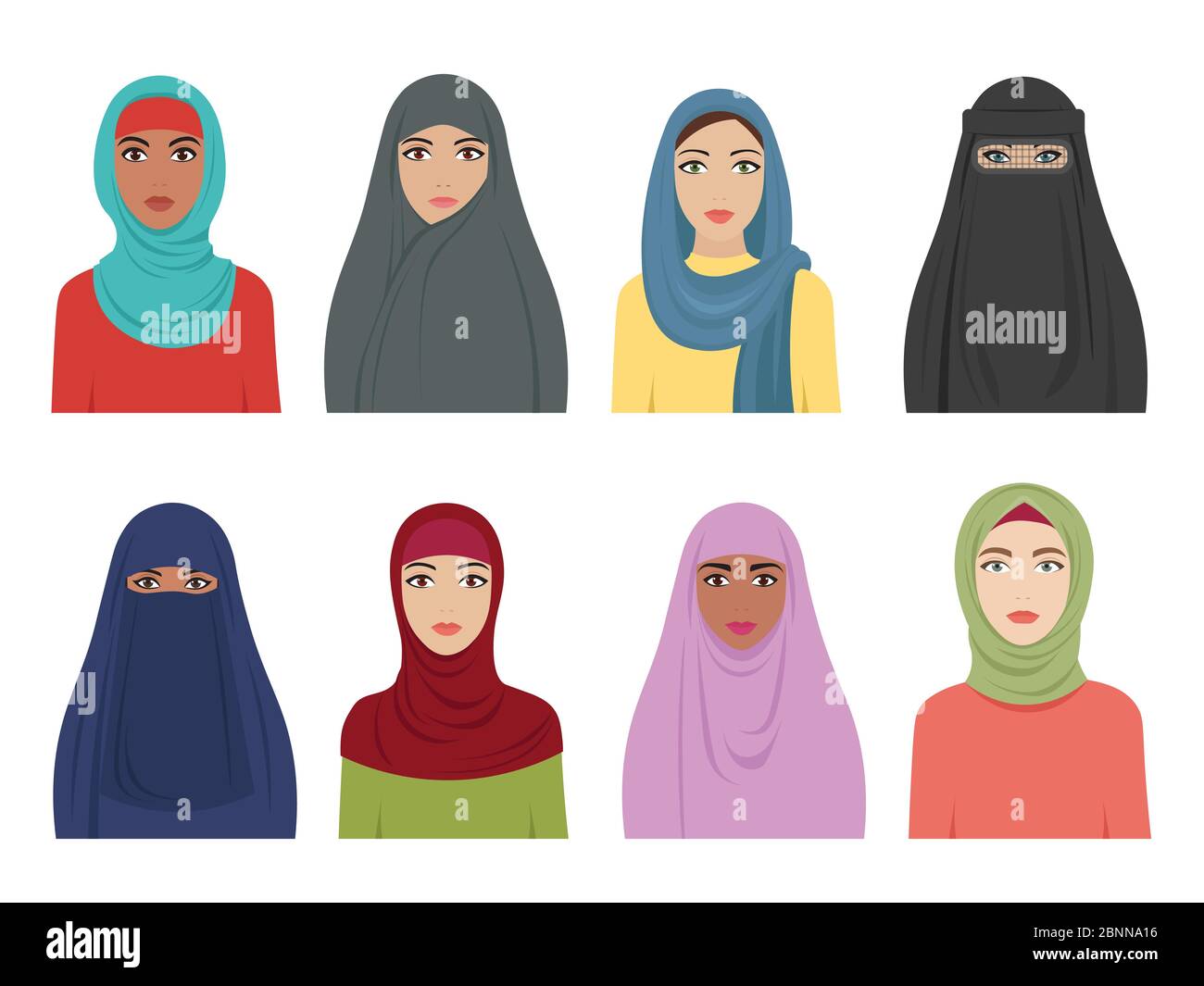 Avatars de filles musulmanes. Mode islamique pour femmes iran turc et arabe foulard hidjab dans divers types. Vector plat arabe femelle Illustration de Vecteur
