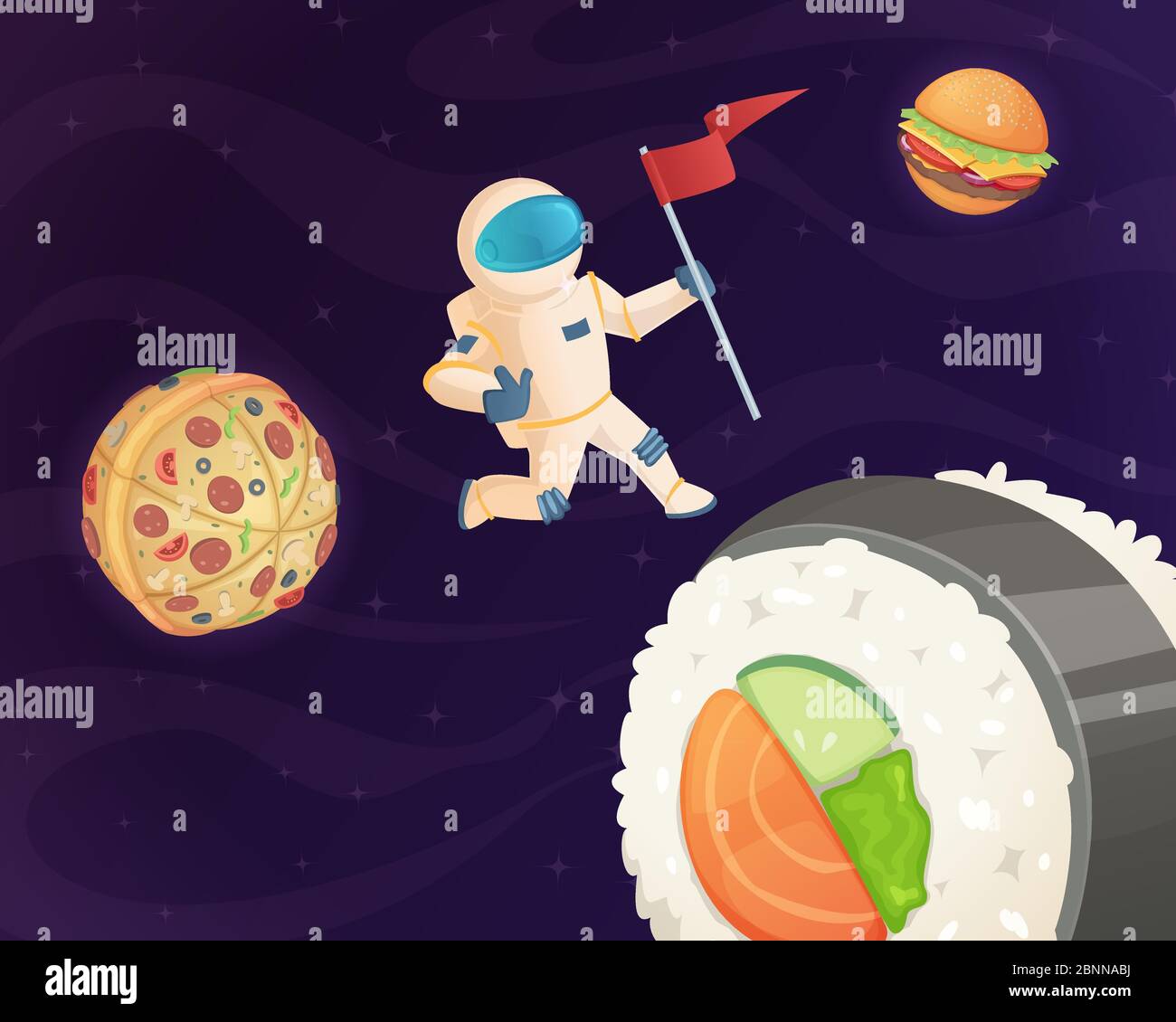 Astronaute sur la planète alimentaire. Fantastique espace monde avec des bonbons fast food Burger pizza et de divers bonbons étoiles fantastique ciel vecteur fond Illustration de Vecteur