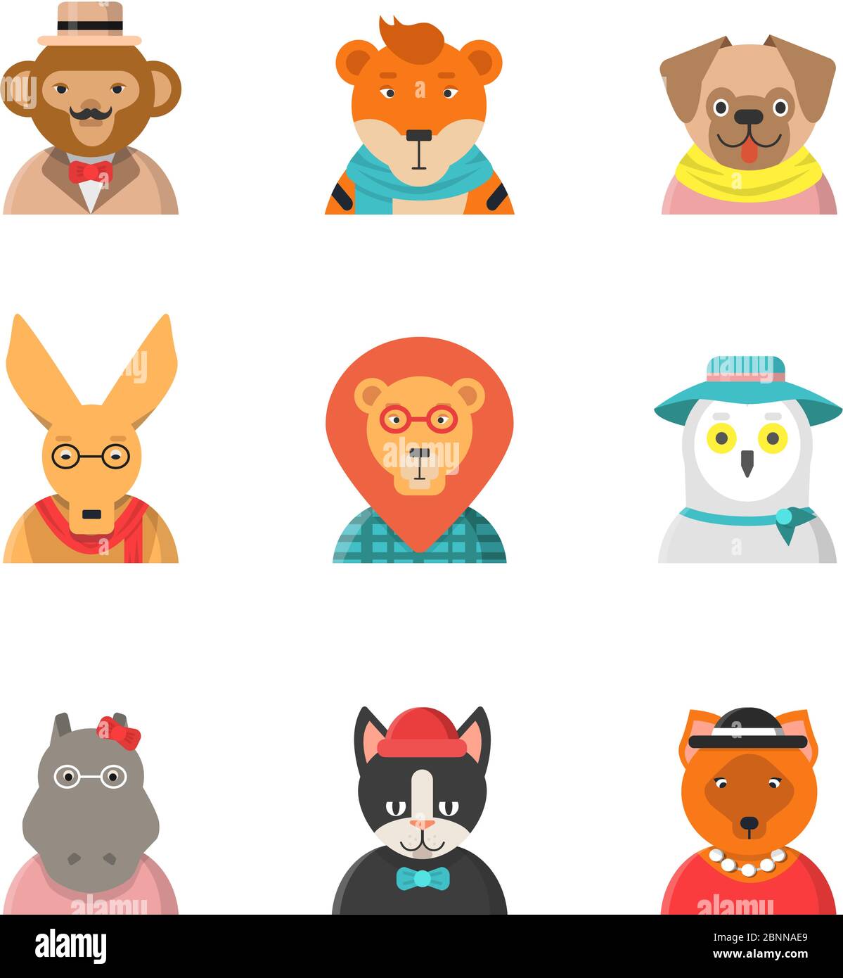 Visages amusants animaux. Avatars de chat de singe kangourou hippo tigre mignon vêtements zoo personnages vectoriels dans le style plat Illustration de Vecteur