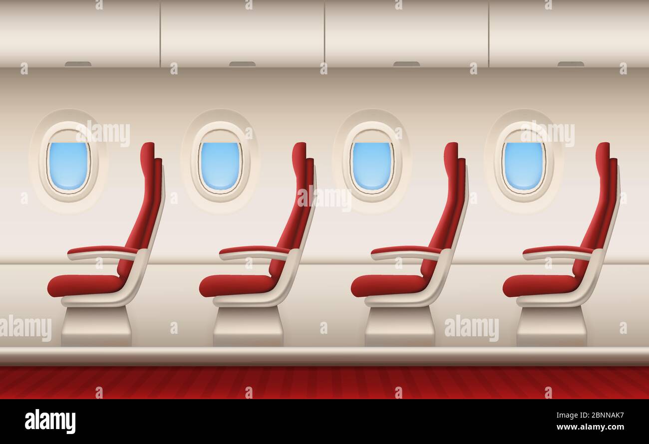 Intérieur de l'avion passager. Cabine d'avion avec fenêtres closeup blanches hublots avion à l'intérieur des chaises confortables vecteur réaliste arrière-plan Illustration de Vecteur