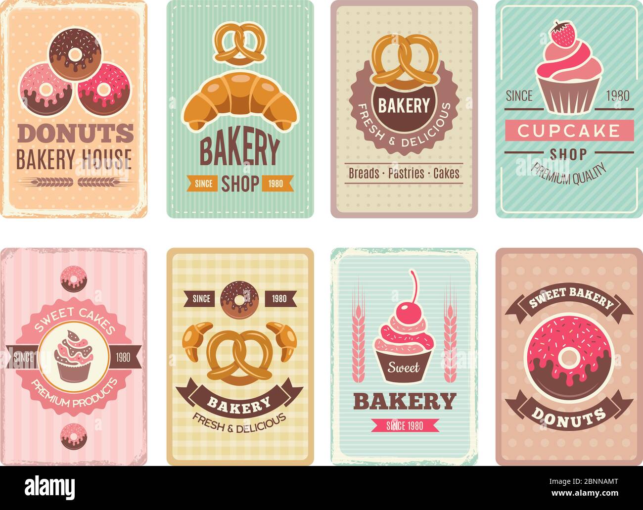 Cartes de boulangerie. Produits frais sucrés cupcakes beignets et autres produits de boulangerie illustrations pour le menu vectoriel vintage dans un style rétro Illustration de Vecteur