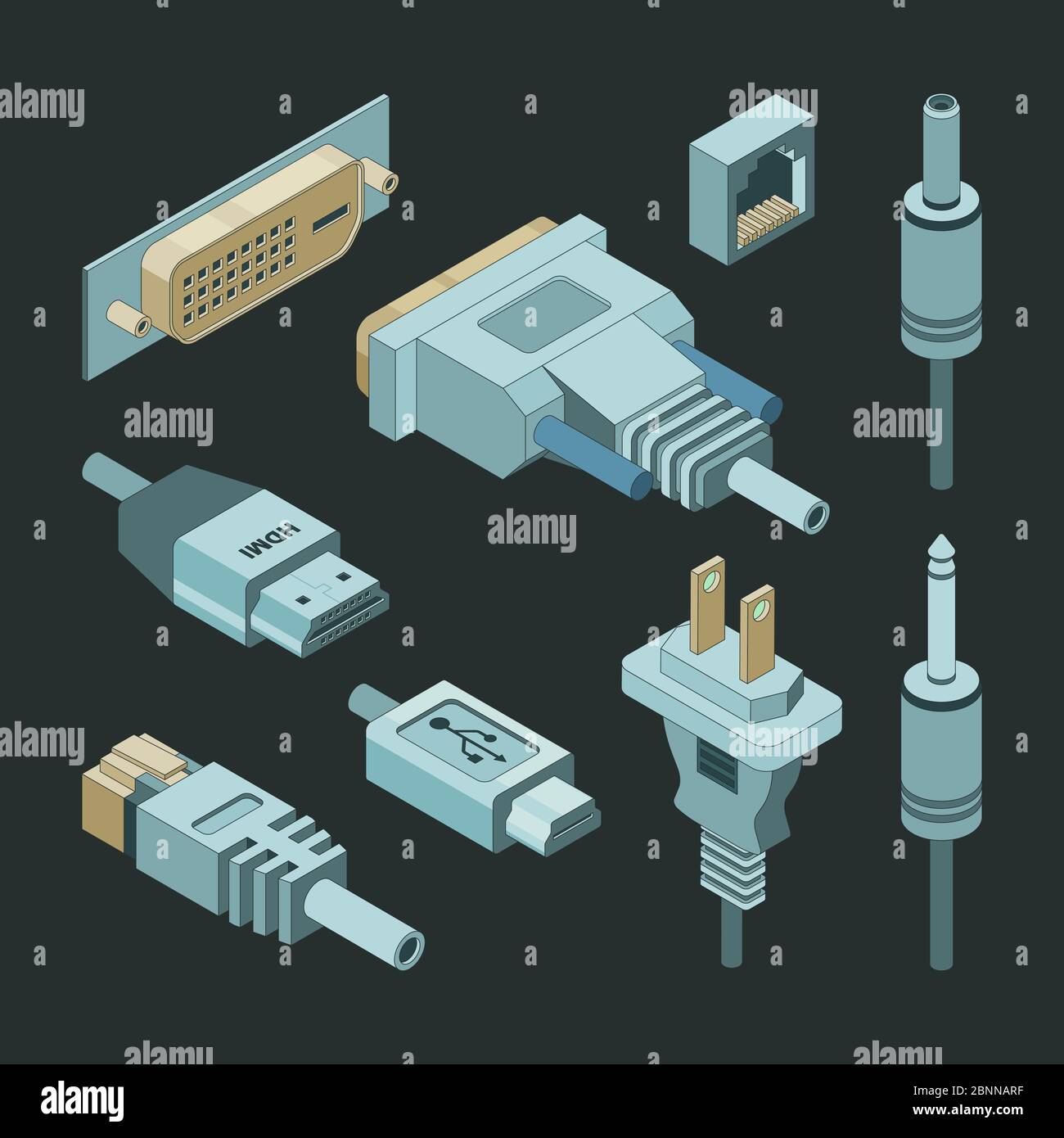 Connecteurs de prise. VGA main drawnmi câble vidéo alimentation électrique port usb adaptateurs prise femelle vecteur isométrique Illustration de Vecteur
