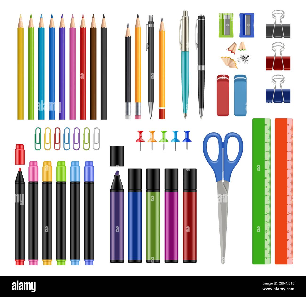 Collection stationnaire. Crayons à stylos aiguiser les outils d'éducation scolaire en caoutchouc ou les articles de fournitures de bureau vecteur illustrations réalistes isolées Illustration de Vecteur