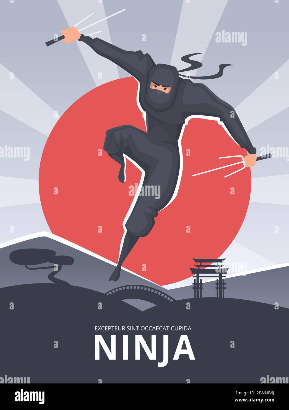 Affiche martiale. Affiche avec un combattant agressif masculin en action pose samouraï ninja personnage de vecteur de héros asiatiques traditionnels Illustration de Vecteur