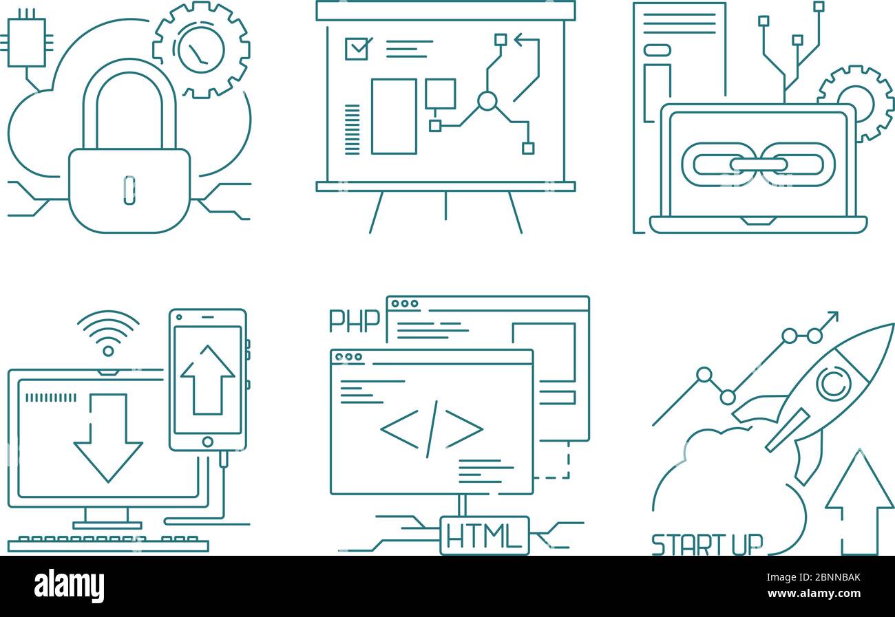 Icône développement Web. Conception et développeurs de code conception web conception production symboles recherche et vecteur seo Illustration de Vecteur