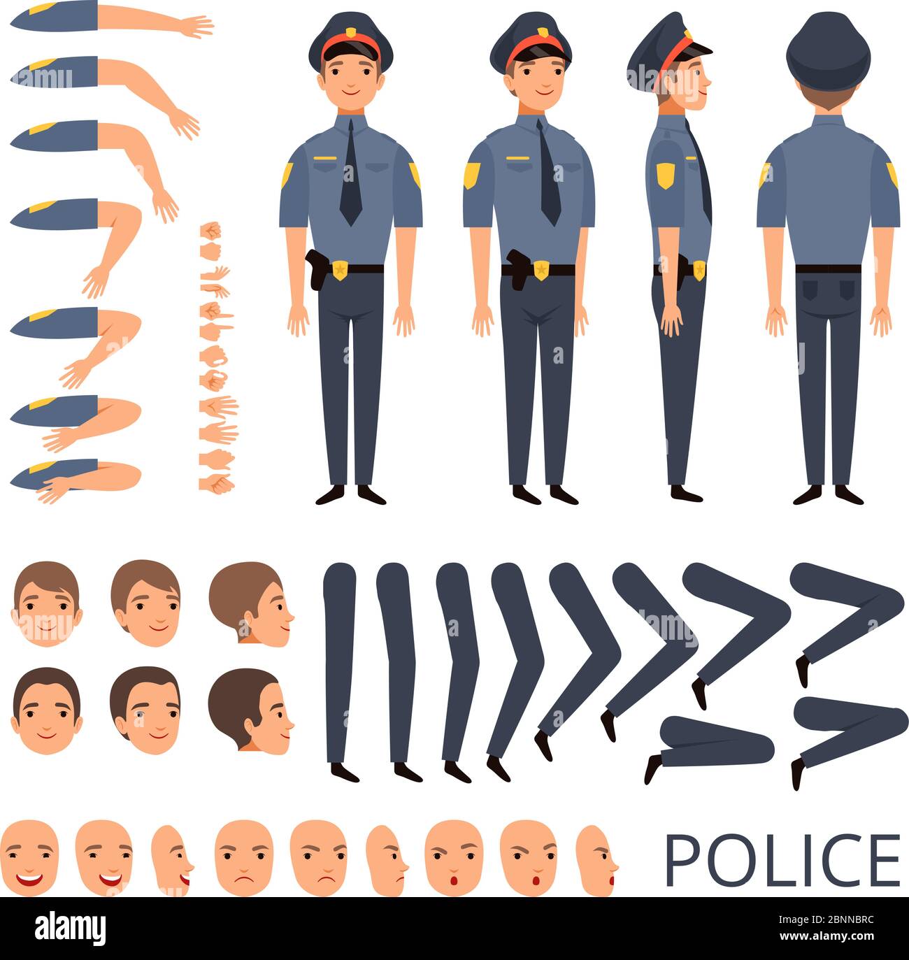 Constructeur policier. Sécurité body profession création de personnage kit avec fusil de chasse divers poses casquette officier uniforme Illustration de Vecteur