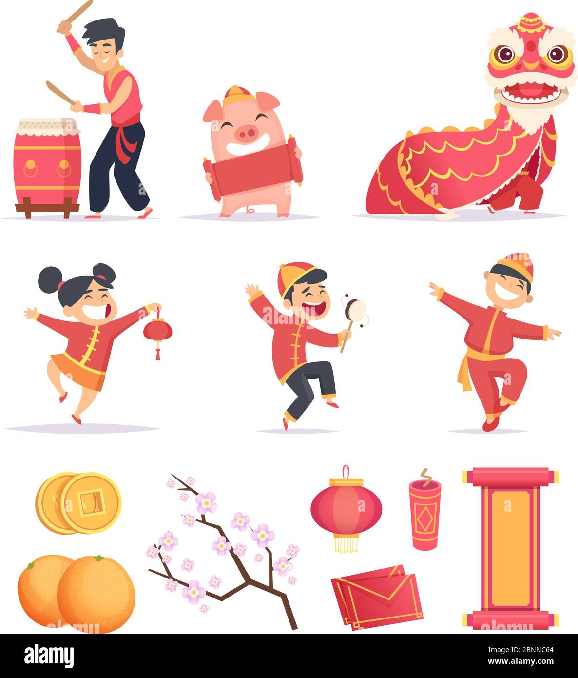 Nouvelle année asiatique. Les Chinois heureux fêtent 2019 avec des symboles traditionnels dragons lanterne frecrackers images vectorielles Illustration de Vecteur