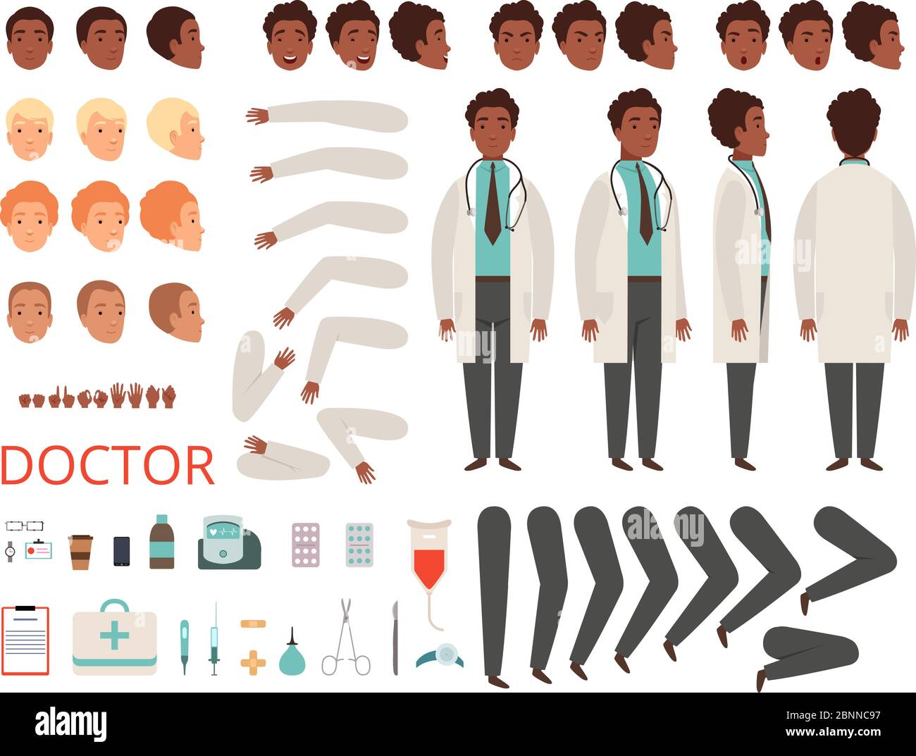 Animation Medic. Personnages médecin personnel médical hôpital pièces du corps et vêtements vecteur création kit Illustration de Vecteur