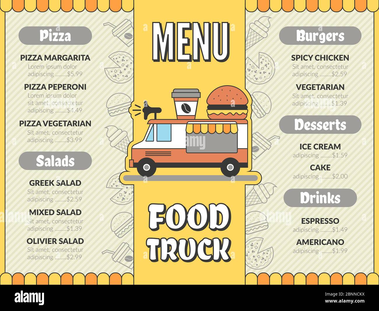 Menu camion alimentaire. Cuisine extérieure dans voiture mobile van mexicain tacos glace fast food boissons pizza circulaire modèle vectoriel Illustration de Vecteur