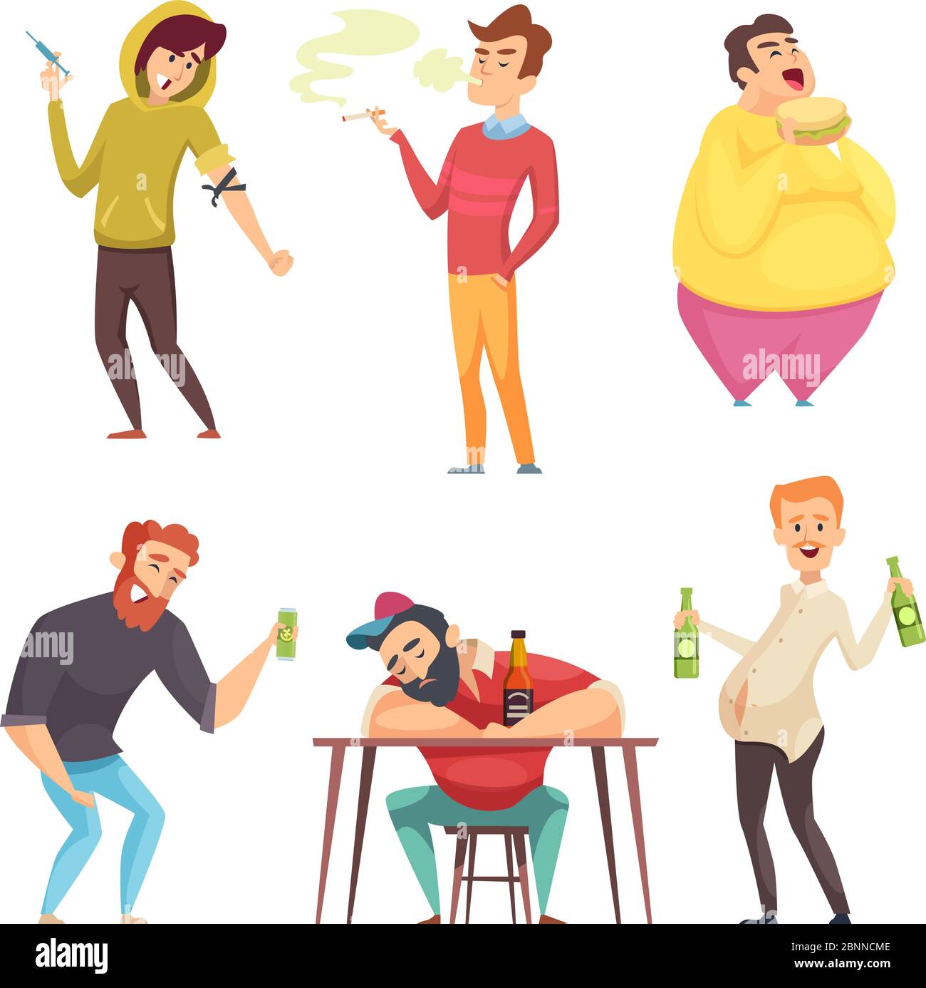 Mode de vie accro. Alcoolisme drogues et la dépendance de mauvaises habitudes vecteur personnages de dessin animé en action pose Illustration de Vecteur
