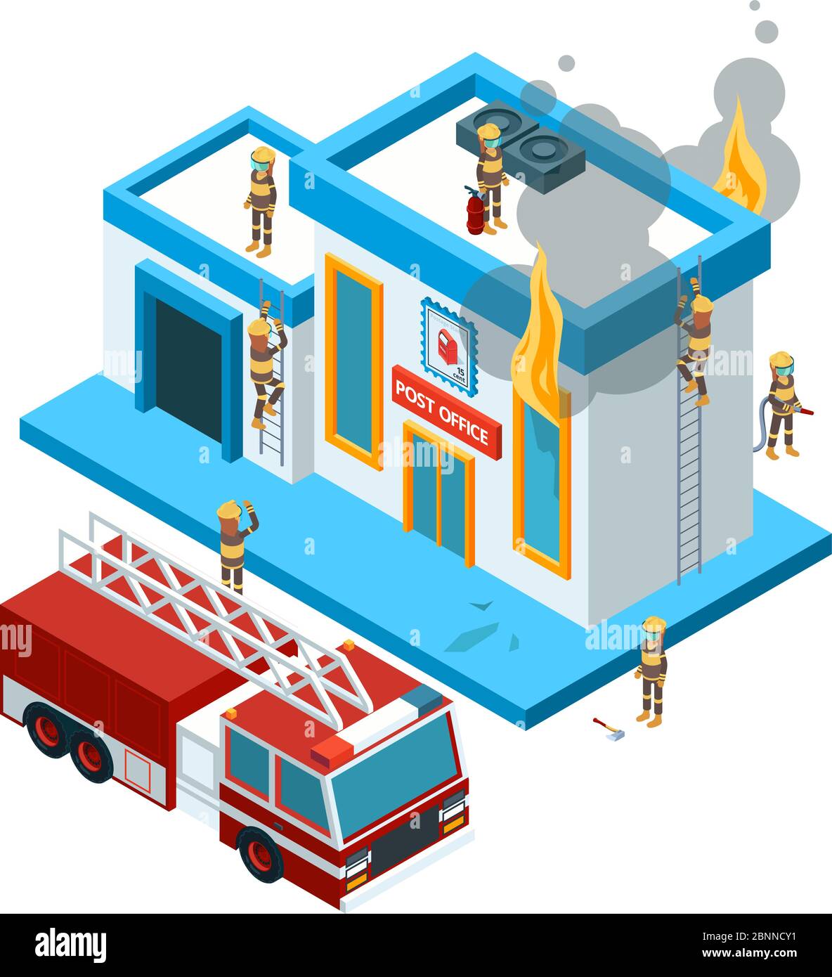 Construction en isométrique flamme. Les pompiers au travail éteignent le feu de la conduite au grand rouge de voiture brûlant ville vecteur 3d paysage Illustration de Vecteur