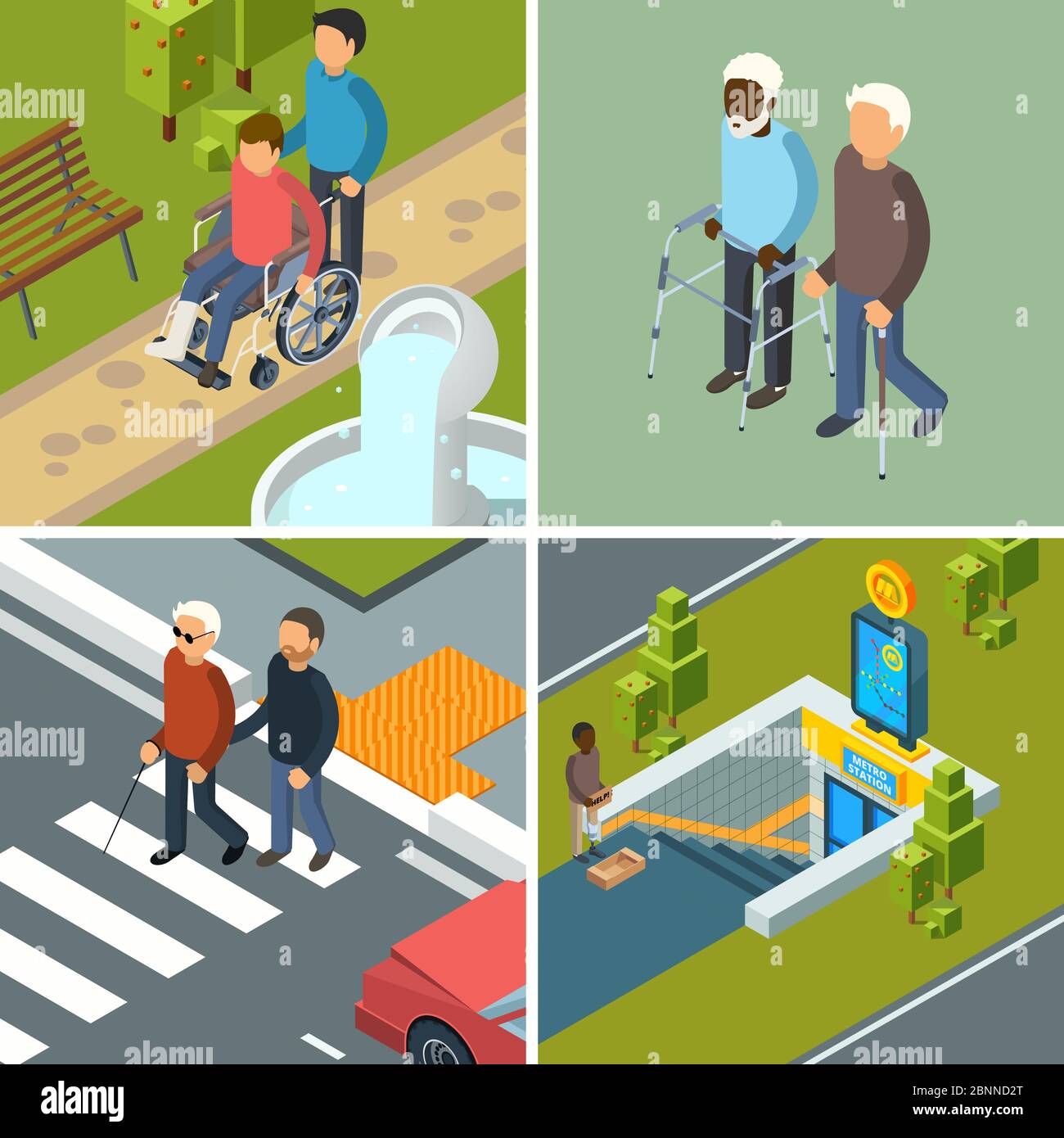 Handicap en ville. Les invalides de santé urbaine fauteuils roulants marcheurs béquilles équipement et aides personnes vecteur concept images isométriques Illustration de Vecteur