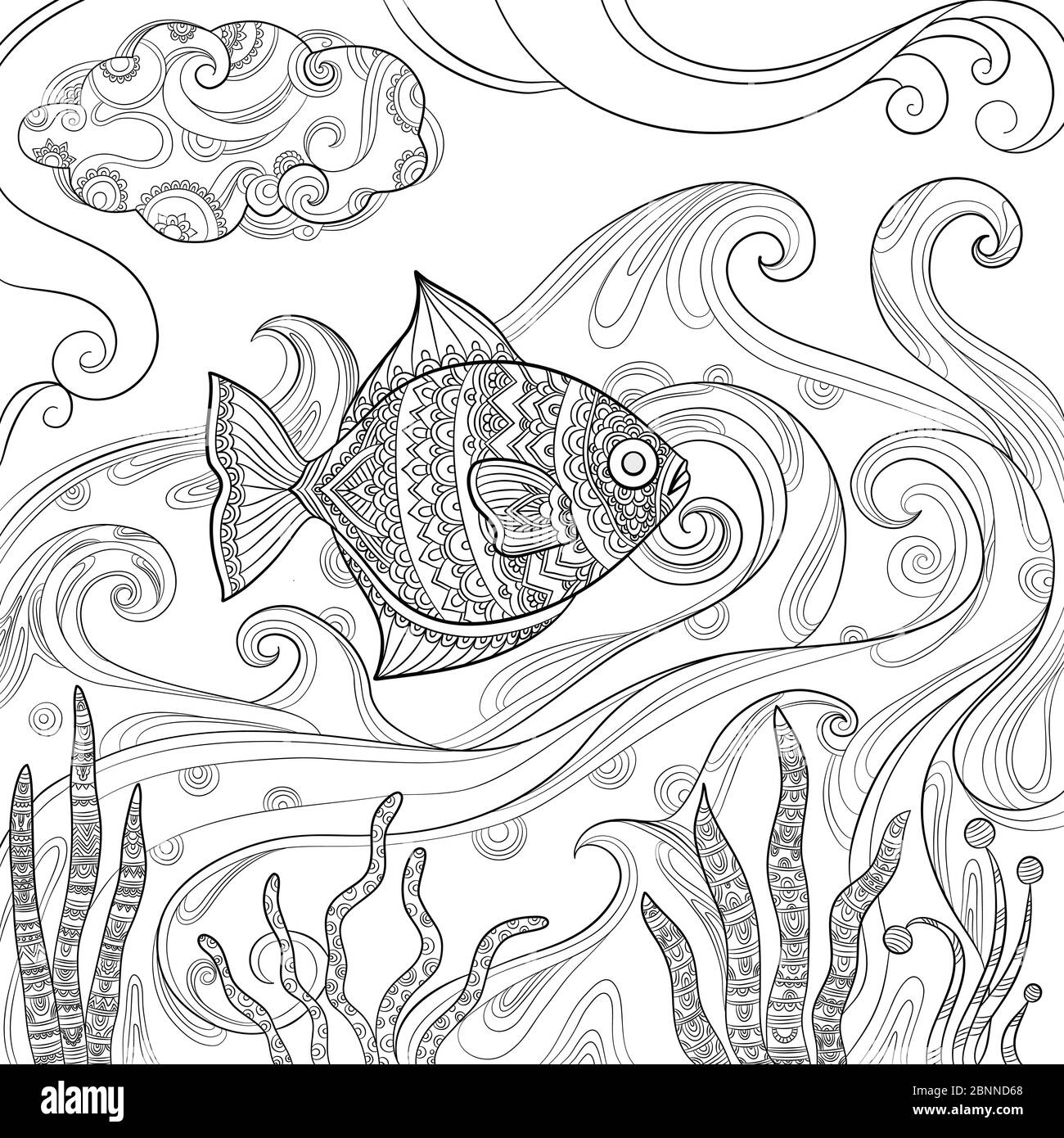 Coloration de poisson d'océan. Photos de mode de l'eau de mer ou d'animaux de l'océan dessins vectoriels pour adultes livres Illustration de Vecteur