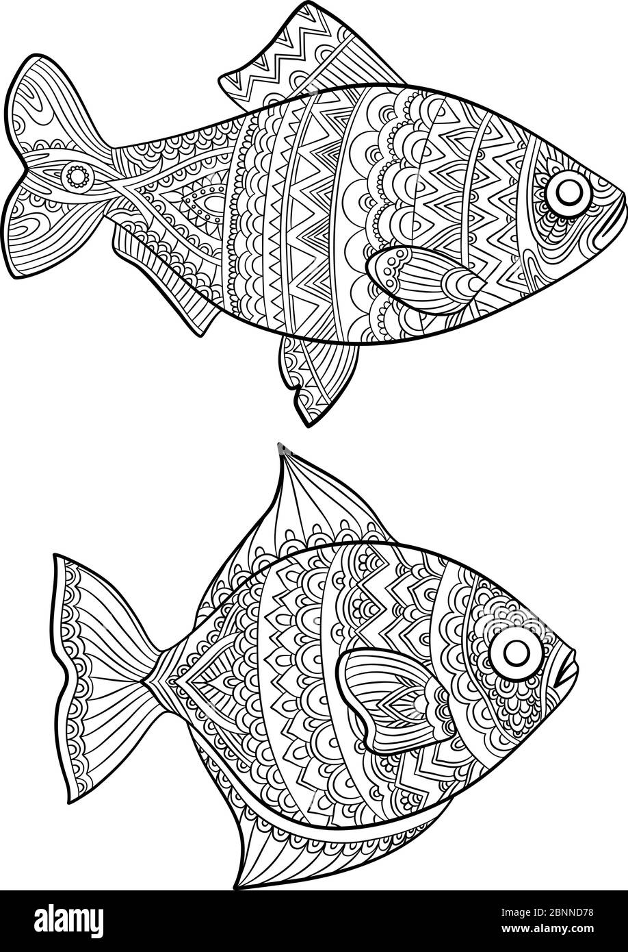 Pages de coloration de poisson. Mode dessin animaux de l'océan dessins pour adultes livres ligne vectorielle d'art linéaire Illustration de Vecteur