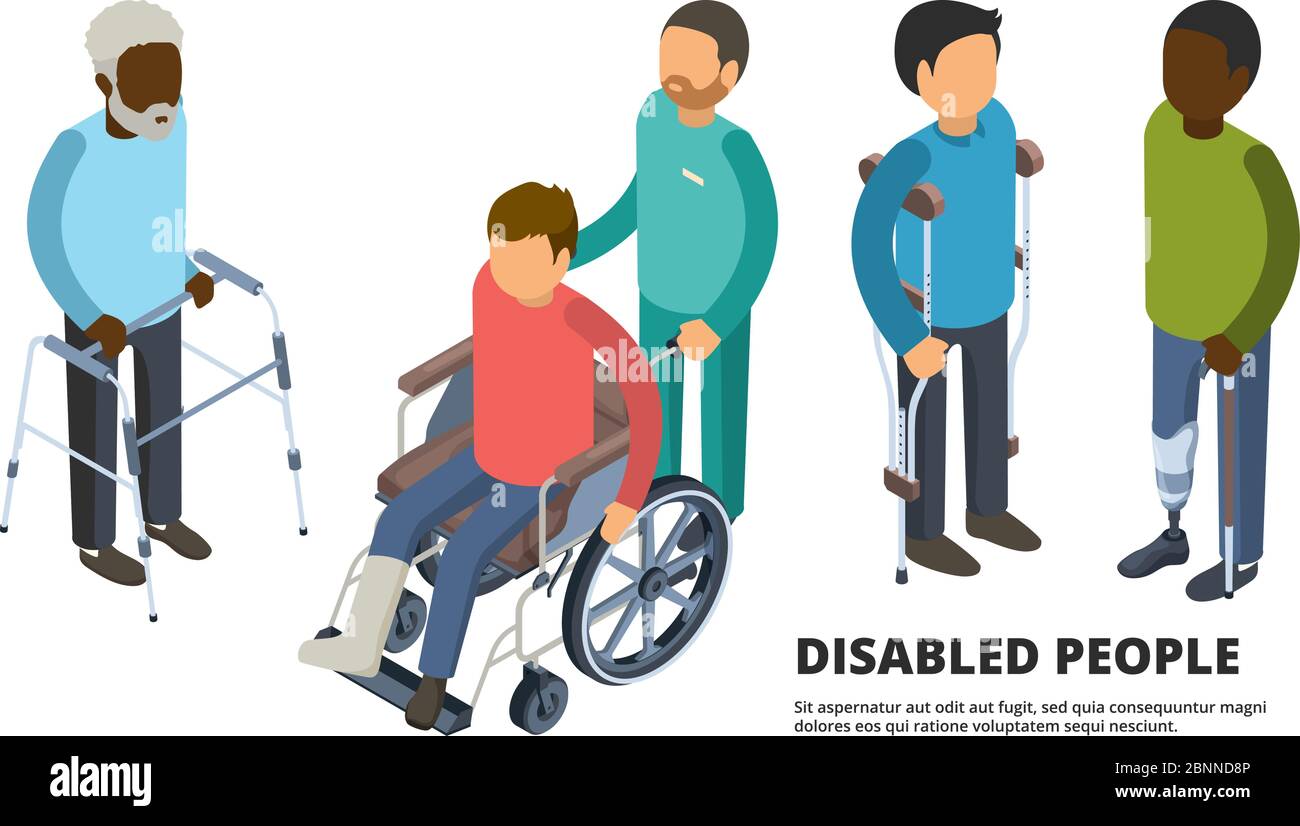 Invalides, isométriques. Adultes défectueux avec jambes cassées médecine patient en fauteuil roulant vecteur 3d des illustrations de soins de santé Illustration de Vecteur