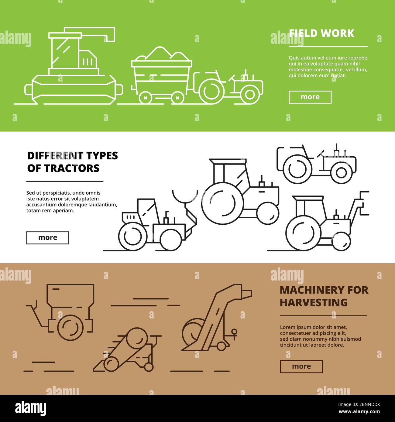 Bannières agricoles. Modèle de conception de vecteur de véhicule agro-industriel pour tracteurs de récolteuse-hacheuse Illustration de Vecteur
