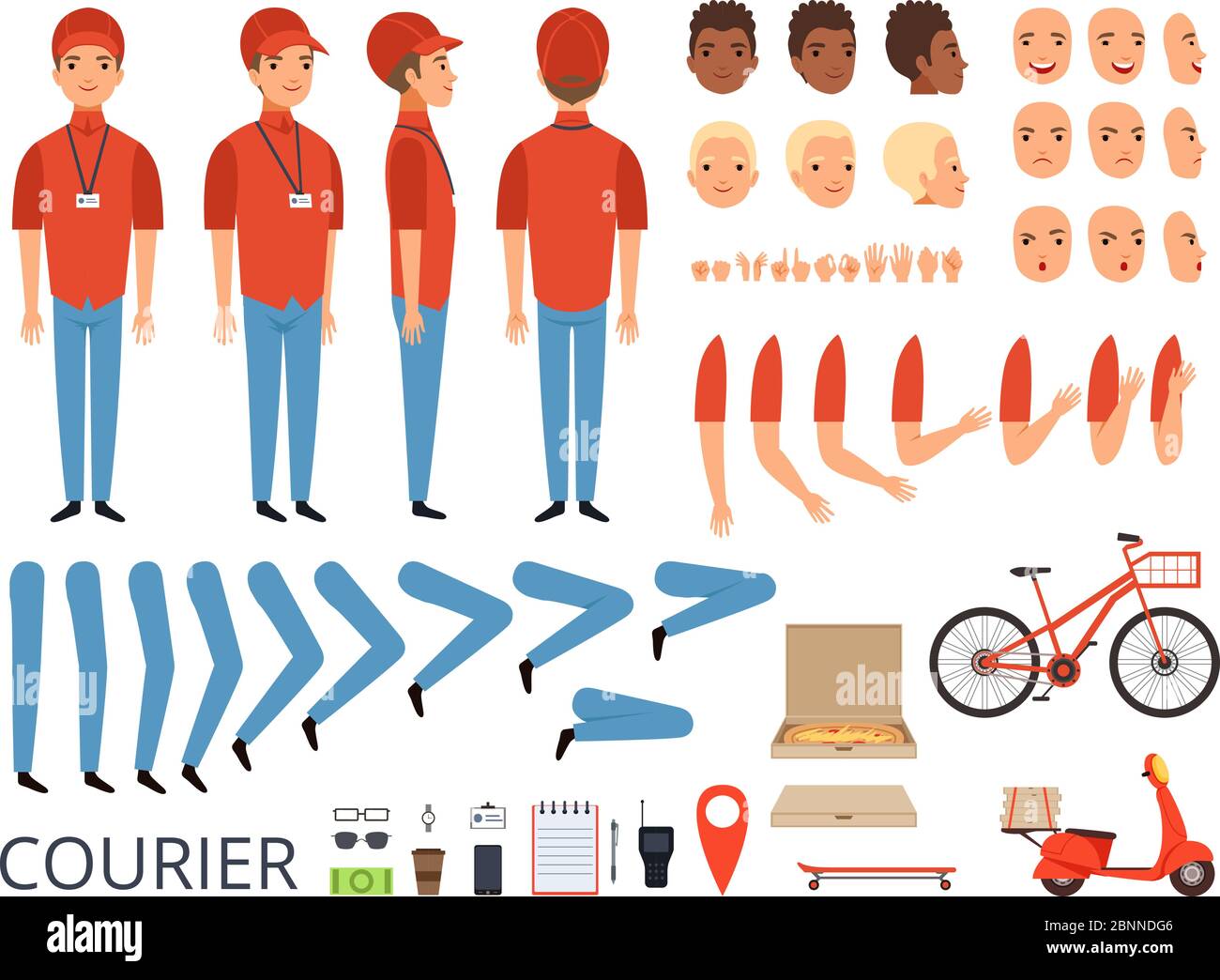 Animation de livraison de pizza. Pièces de carrosserie de coursier de restauration rapide avec kit de création de personnages de boîte de vélo de qualité professionnelle Illustration de Vecteur