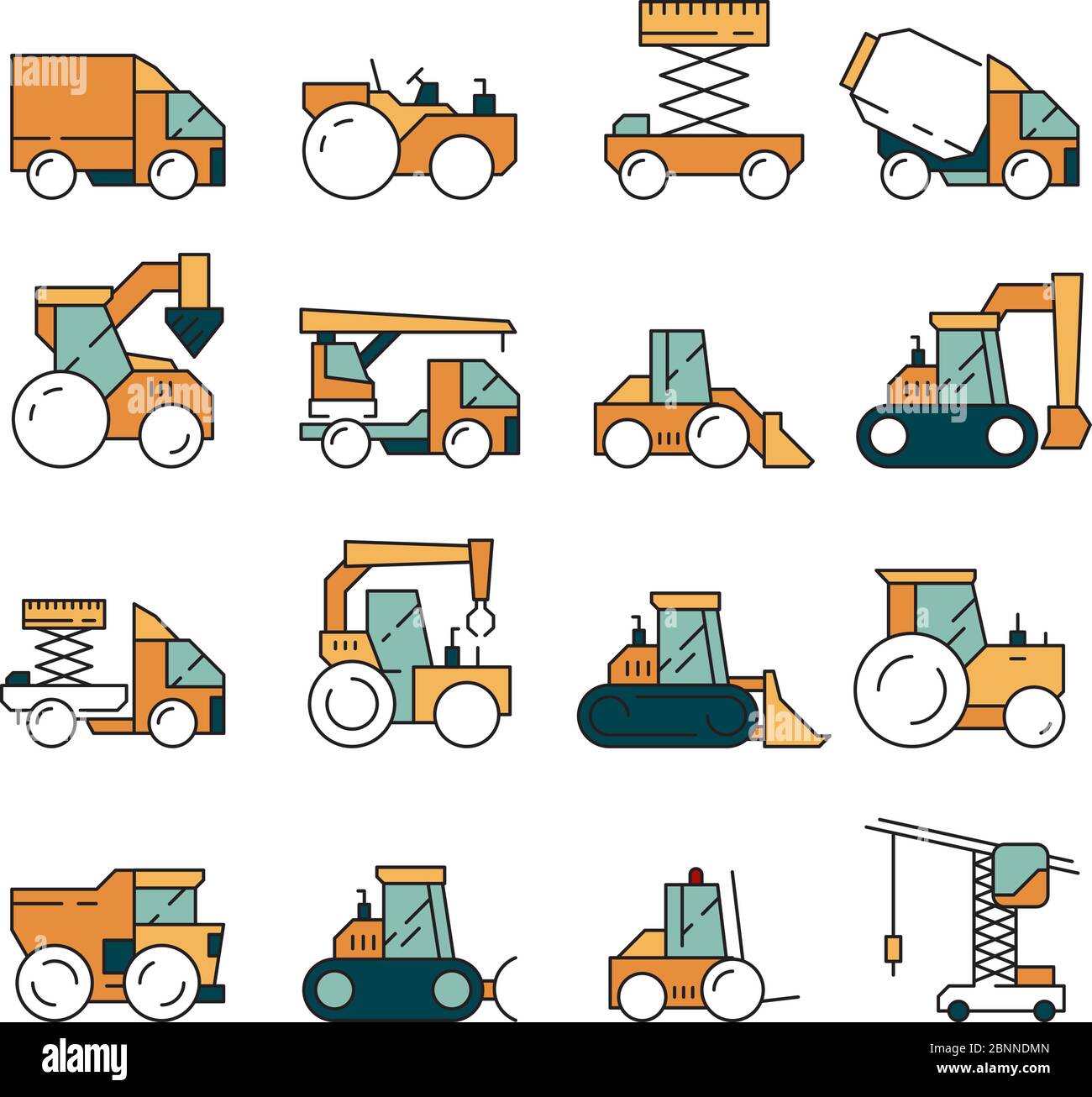 Transport de construction. Camions lourds asphalte autoroute sur des machines pour les constructeurs de grues de levage tracteurs bulldozer véhicule vectoriel Illustration de Vecteur