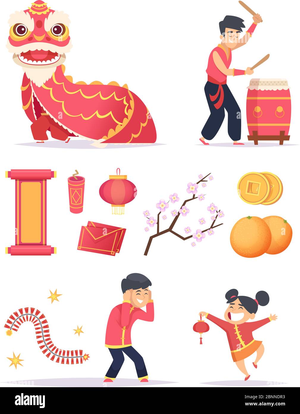 Nouvel an chinois. Lanterne en papier et personnages joyeux pour enfants à l'imprimé dragon célèbrent 2019 images vectorielles Illustration de Vecteur