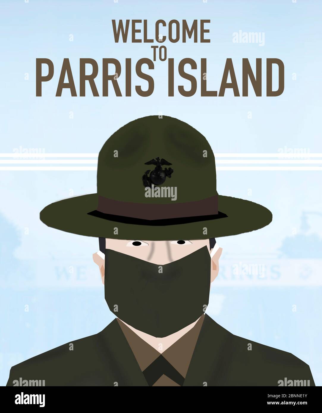 Le corps des Marines des États-Unis a créé une nouvelle affiche avec un instructeur de forage portant un masque de protection personnel qui est maintenant mandaté au dépôt de recrutement du corps des Marines le 13 mai 2020 à Parris Island, en Caroline du Sud. Banque D'Images