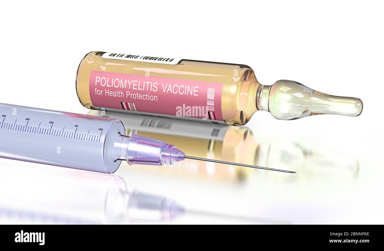 Ampoule remplie de vaccin contre la polio et une seringue au premier plan, illustration 3d. Banque D'Images