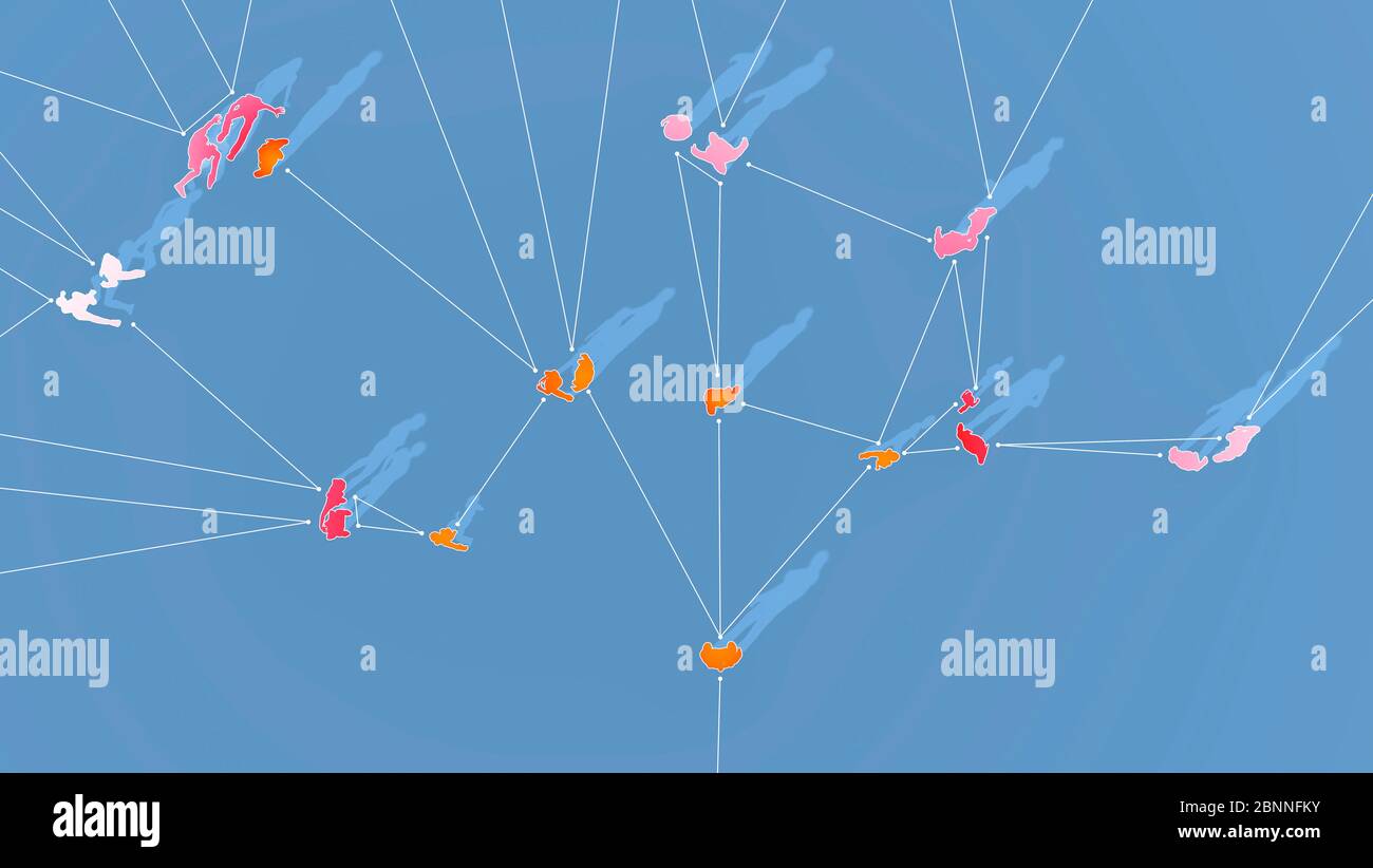 Propagation d'un pathogène par contact social, illustration 3d. Banque D'Images