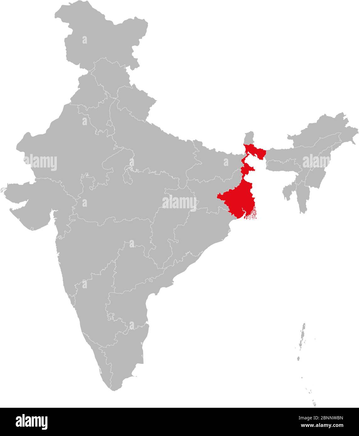 bengale-Occidental surligné en rouge sur le vecteur de carte de l'inde. Fond gris clair. Idéal pour les concepts d'affaires, toile de fond, arrière-plans, étiquette, autocollant, graphique et Illustration de Vecteur
