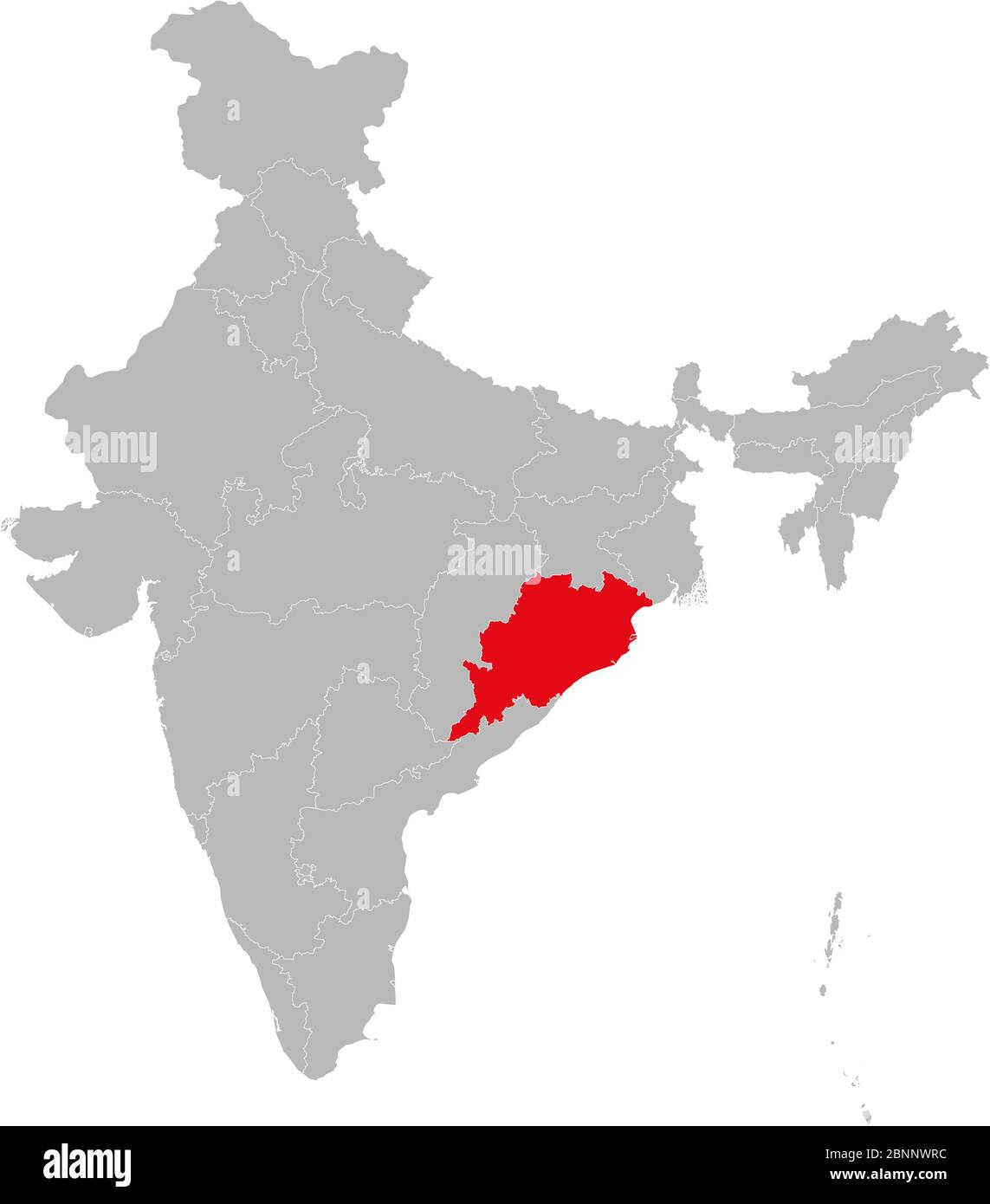 État d'Orissa ou d'Odisha surligné en rouge sur le vecteur de carte indien. Fond gris clair. Idéal pour les concepts d'entreprise, la toile de fond, les arrière-plans, l'étiquette, le bâton Illustration de Vecteur