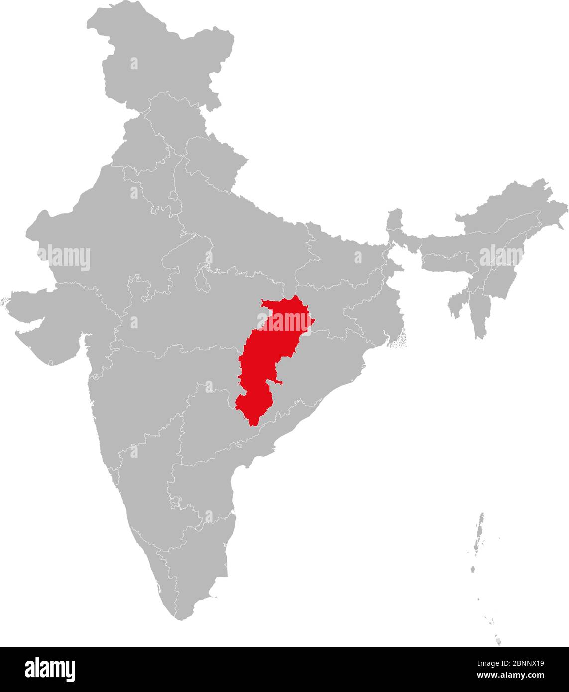État Chhattisgarh marqué rouge sur le vecteur de carte indien. Fond gris clair. Idéal pour les concepts d'entreprise, toile de fond, arrière-plans, étiquette, autocollant, graphique Illustration de Vecteur