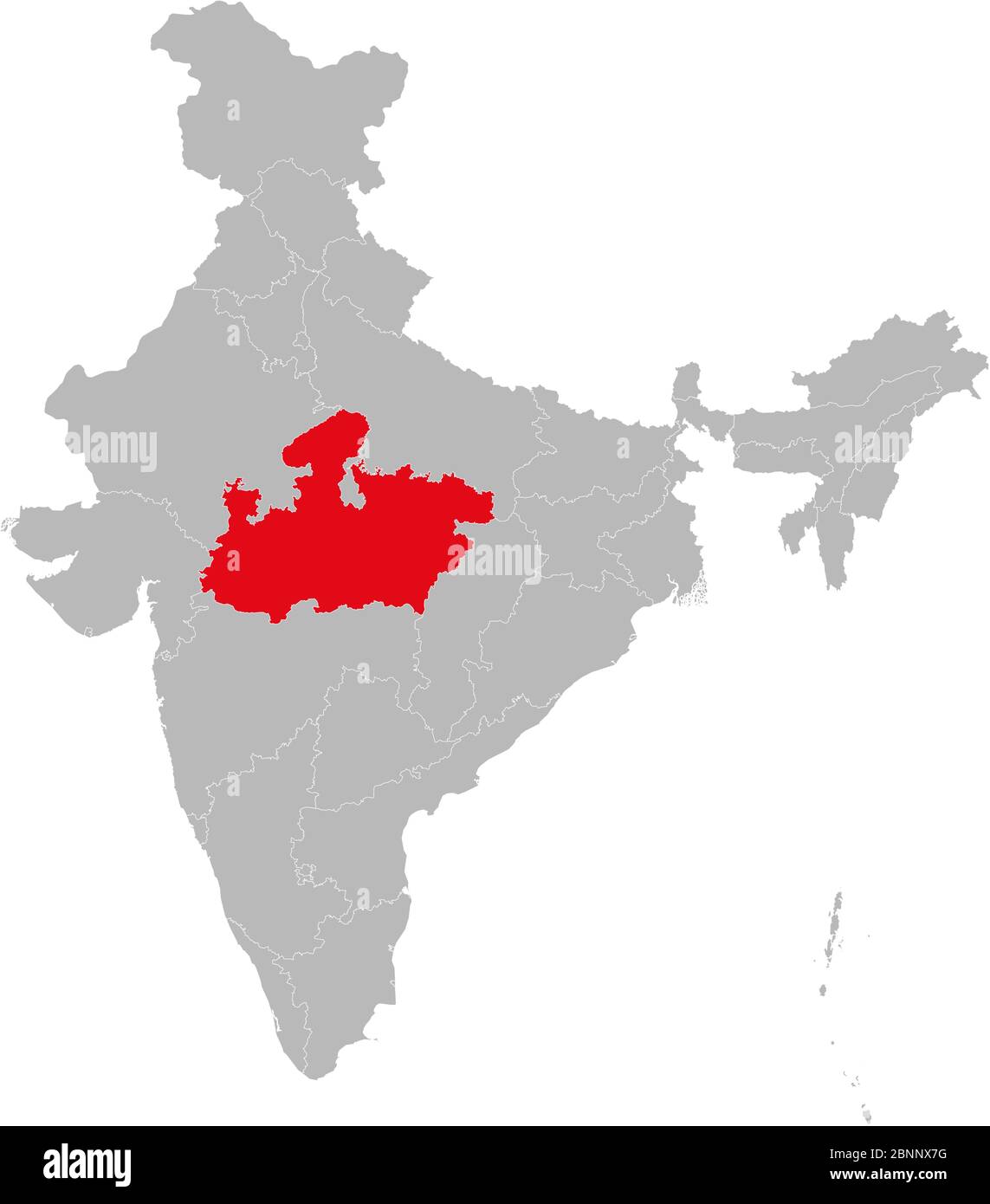 État du Madhya pradesh surligné en rouge sur le vecteur de carte indien. Fond gris clair. Idéal pour les concepts d'entreprise, le fond, les arrière-plans, l'étiquette, l'autocollant Illustration de Vecteur