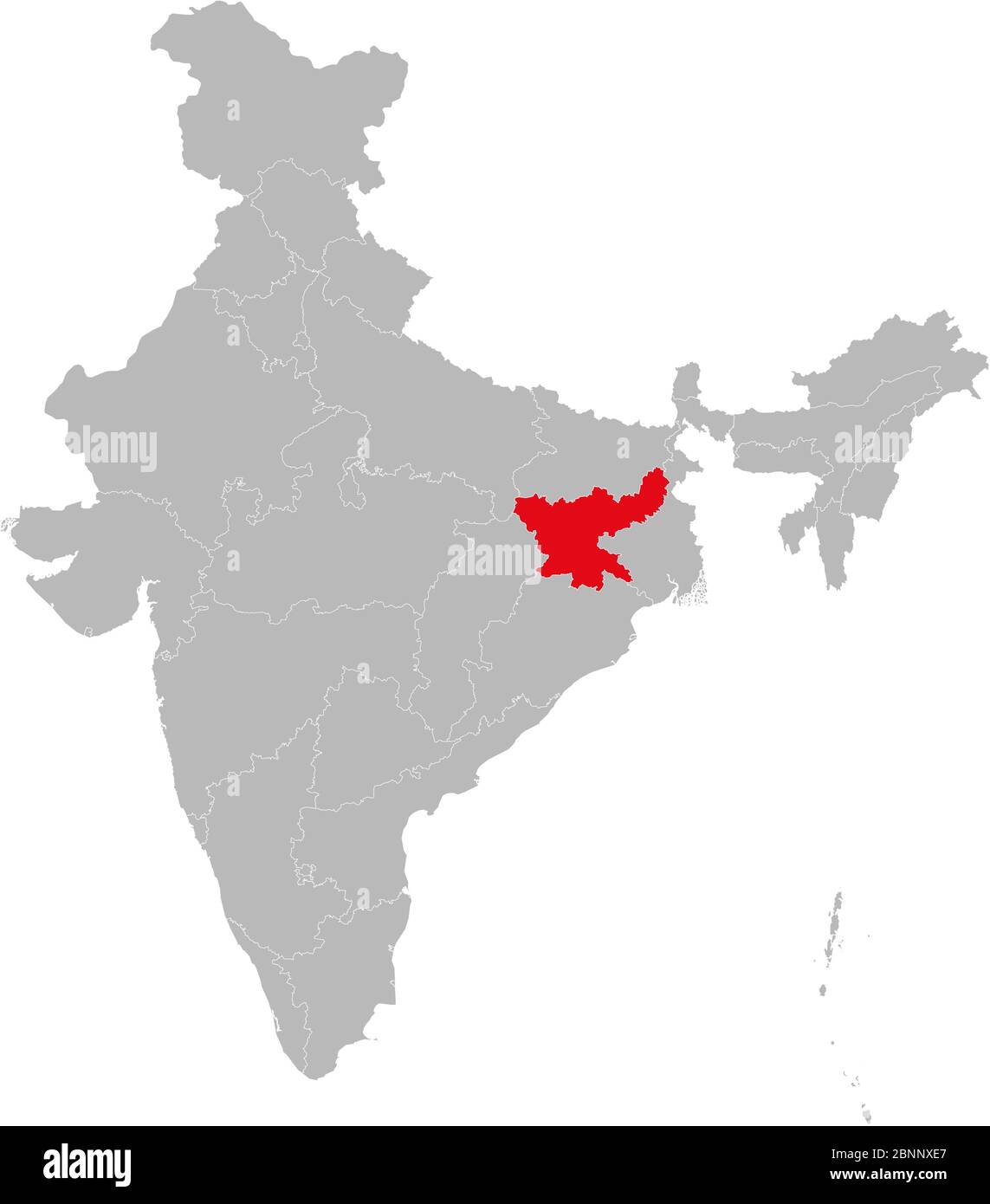 État de Jharkhet surligné en rouge sur le vecteur de carte indien. Fond gris clair. Idéal pour les concepts d'affaires, toile de fond, arrière-plans, étiquette, autocollant, cha Illustration de Vecteur