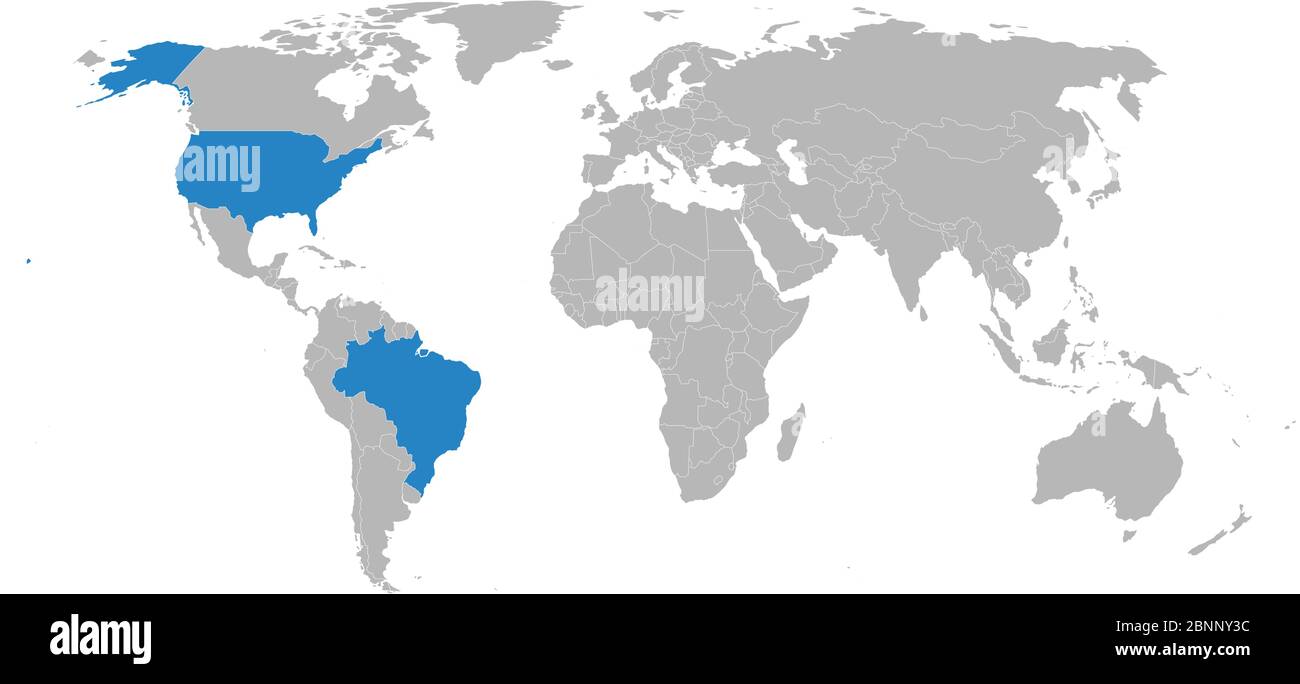 Carte des Etats-Unis, Brésil marquée en bleu sur le vecteur de la carte du monde. Fond gris. Idéal pour les arrière-plans, la toile de fond, les concepts d'affaires, la présentation, les graphiques et le wallp Illustration de Vecteur