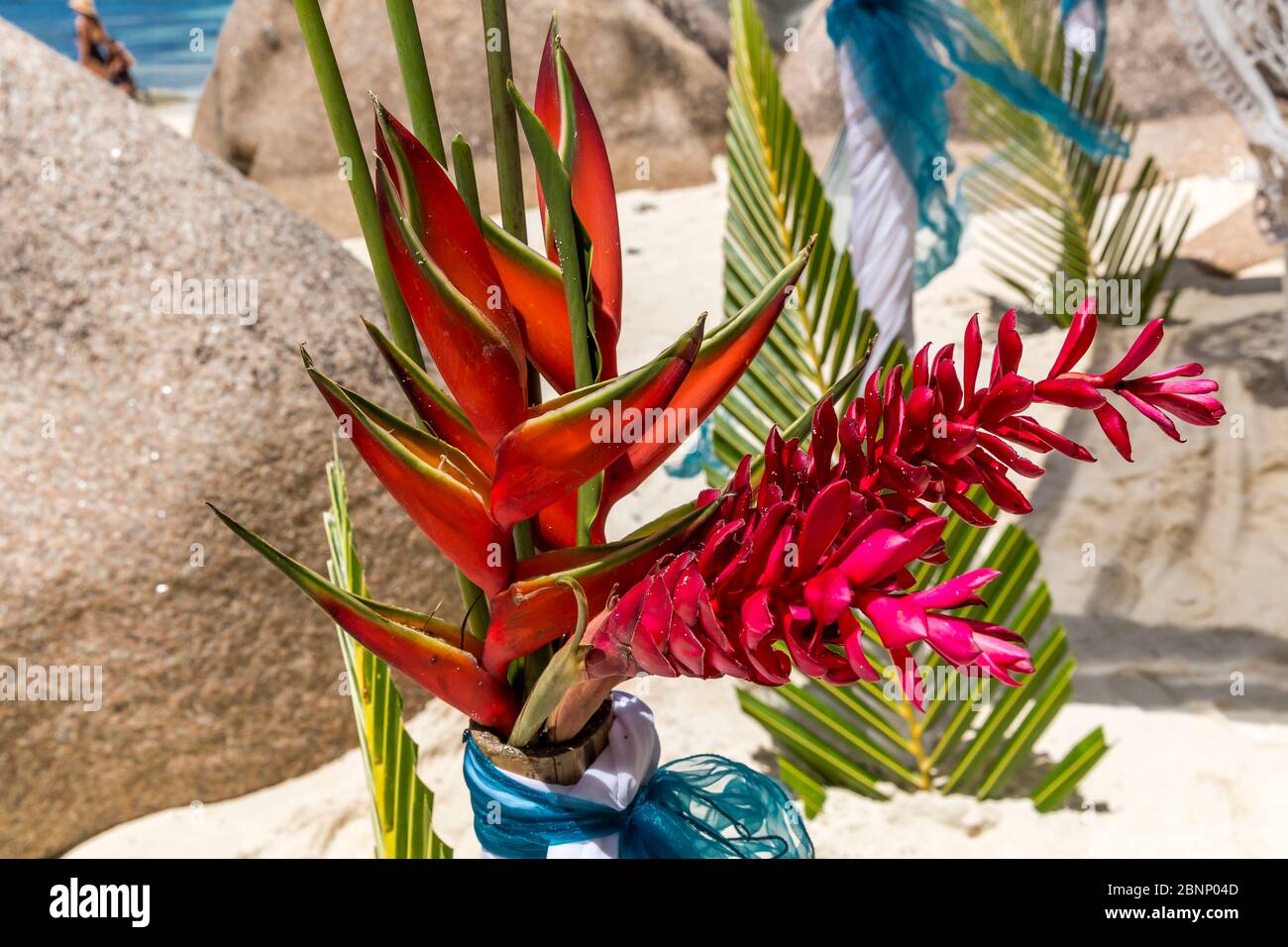 Décoration de mariage faite de feuilles de palmier, Heliconia (Heliconia bihai) et de gingembre rouge (Ginger) sur la plage Anse Source d'argent, île de la Digue, Seychelles, Océan Indien, Afrique Banque D'Images