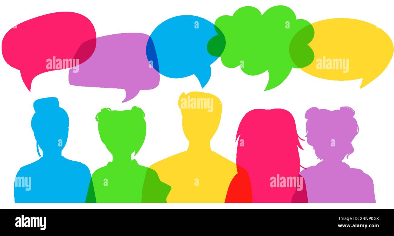 Personnes superposition colorée de la bulle vocale de dialogue. Style dessin animé plat. Les jeunes de groupe les étudiants discutent de réseaux sociaux, d'actualités, de réseaux sociaux, de virus. Bulles de parole de silhouette. Illustration vectorielle Illustration de Vecteur