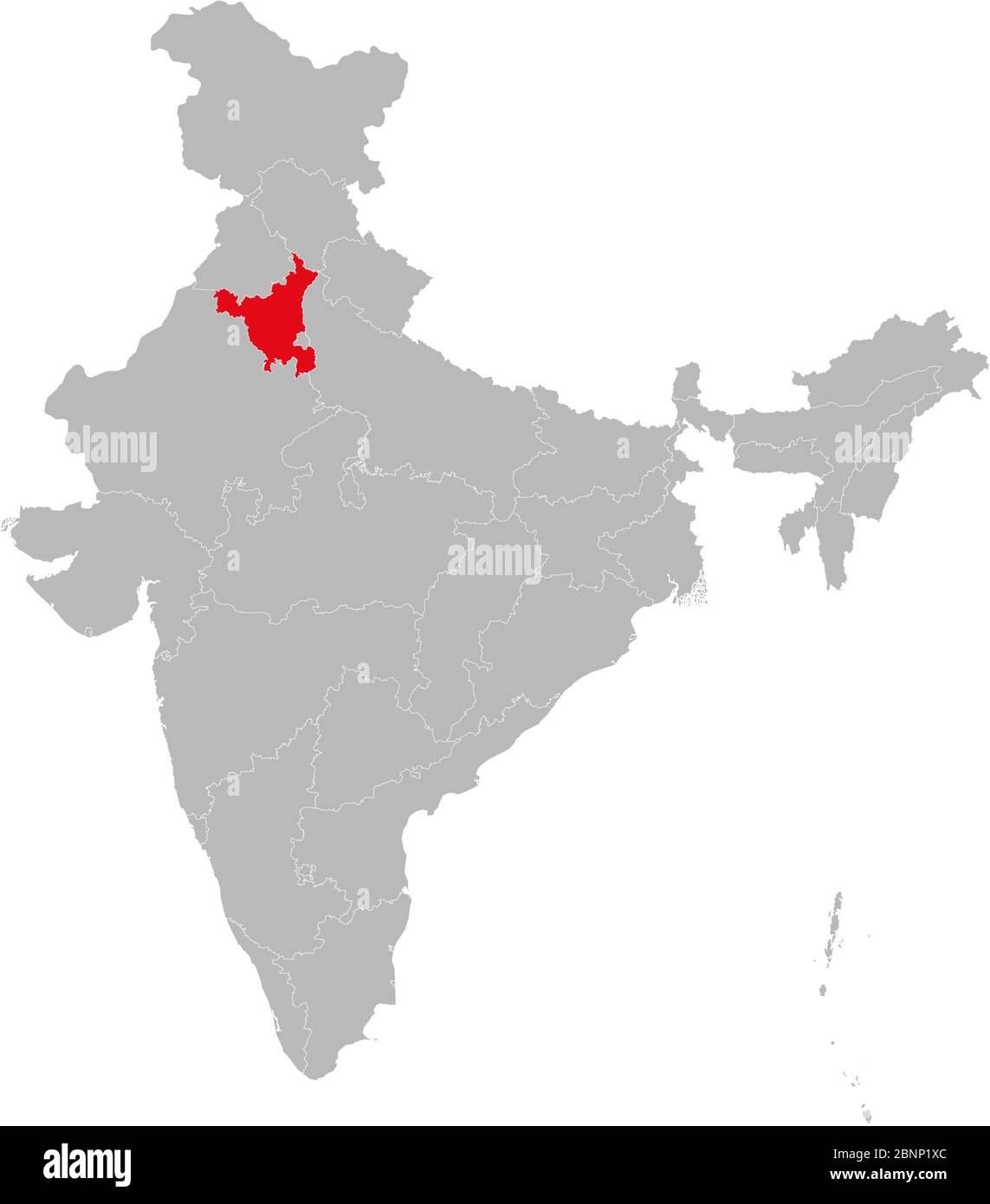 État de Haryana marqué rouge sur le vecteur de carte indien. Fond gris clair. Idéal pour les concepts d'affaires, toile de fond, arrière-plans, étiquette, autocollant, graphique, etc Illustration de Vecteur