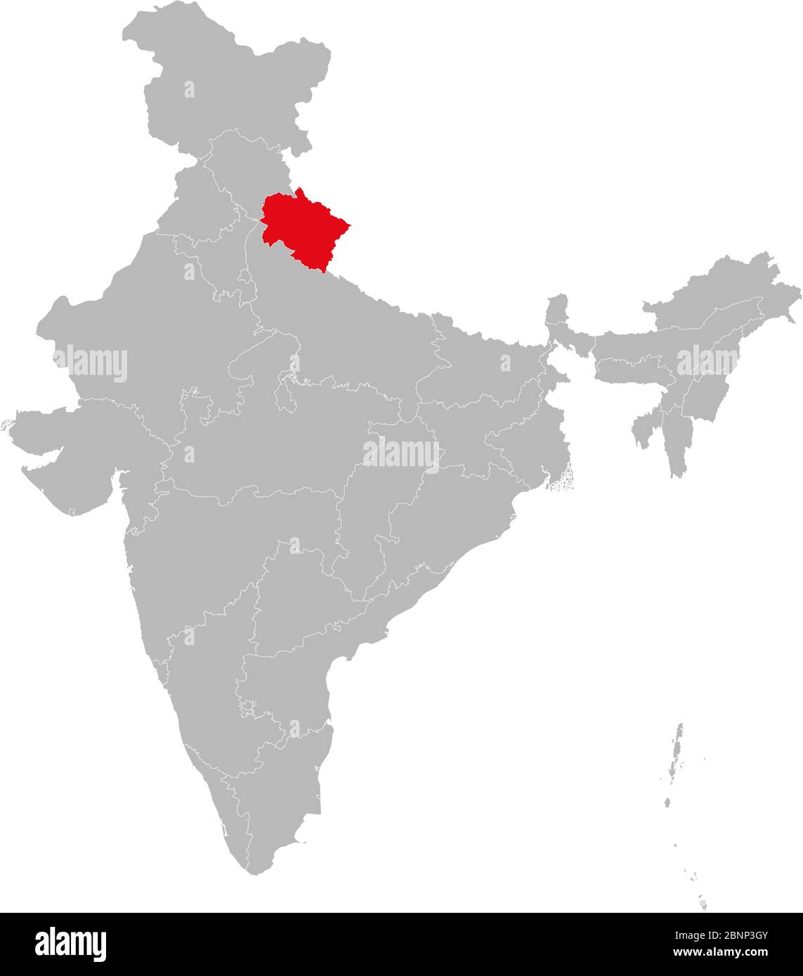 État d'Uttarakhand surligné en rouge sur le vecteur de carte indien. Fond gris clair. Idéal pour les concepts d'affaires, toile de fond, arrière-plans, étiquette, autocollant, c Illustration de Vecteur