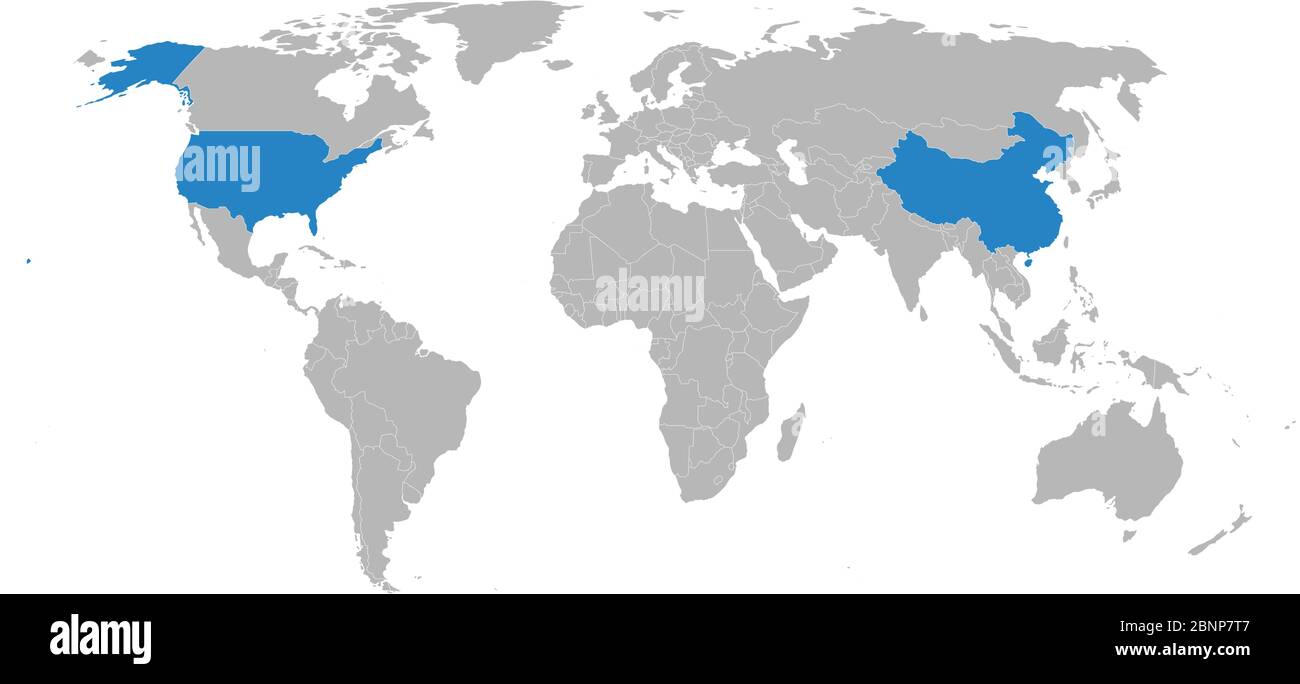 Chine, Etats-Unis carte politique mise en évidence en bleu sur la carte du monde. Fond gris clair. Conception graphique d'illustration vectorielle. Idéal pour les arrière-plans, les arrière-plans, Illustration de Vecteur